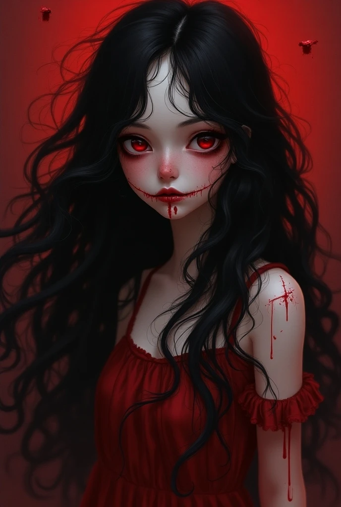 A very pal humanoid character, with red eyes, her name is (The Englewood Witch), she is crazy, nuts, horror, she is creepy, she is scary, shock value, very evil, she is skinny, evoke, fear, terror, dread, decay, disgust, she is a Psycho, dark, unusually thin, thin, scraggly, emaciated, twisted, frightening, sick, dark background, long white_dress, gore, bloody_hands, solo, (messy_long_dark_hair), fog, evil eyes, eyes glowing, fire in the background, (she is wearing a very dirty old torn_white_dress), (she is pulling a slug out of her mouth)
