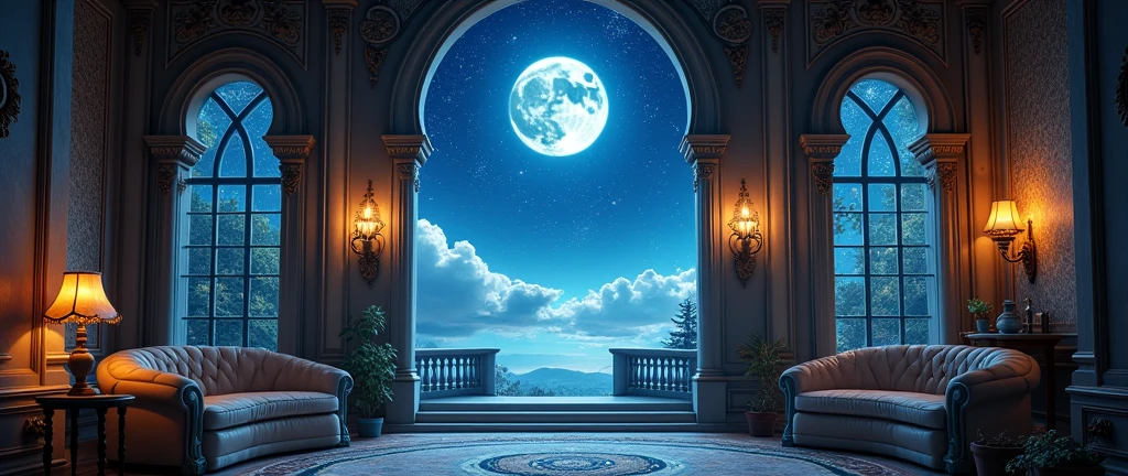 A mysterious stargazing room, starry night sky, moon, cloud, fantasy ...