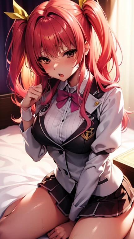 ,,Pink Red Hair, two side up,Big Breasts, open your mouth ,,, yellow hair ribbon, shiny body ,shiny skin,sweat, on the bed, school uniform, sitting