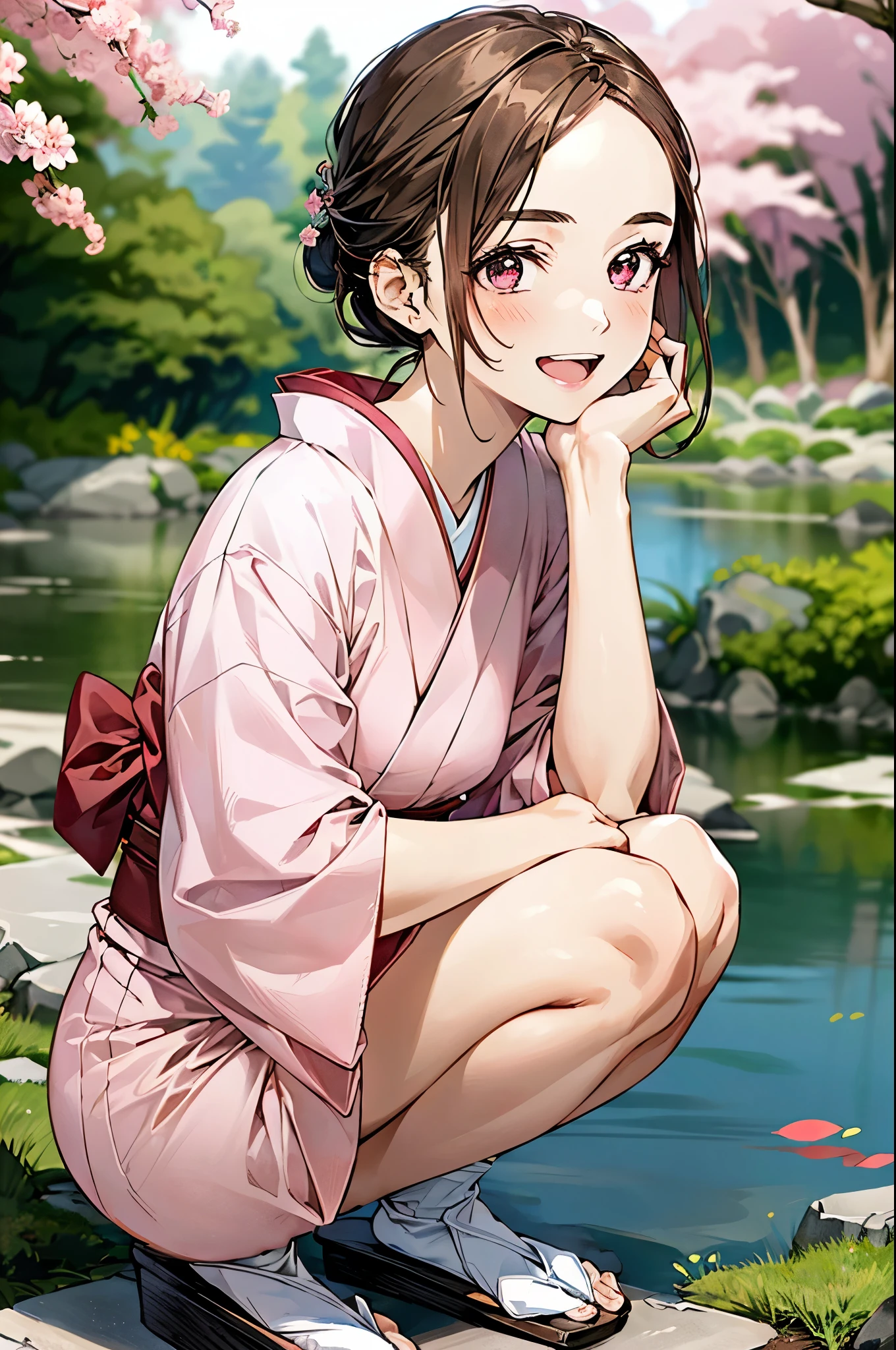 best quality,masterpiece,1girl,solo,(((NSFW))),(((9years old))),japanese girl,an extremely cute and beautiful girl,highly detailed beautiful face and eyes,petit,cute face,lovely face,baby face,shy smile,show teeth,black hair,medium long hair,Hairless pussy,flat chest,skinny,slender,(((wearing a wet thin pink floral mini kimono))),(((standing in a Japanese garden))),she is looking at the viewer,hands pull off clothes,(undress:1.2),(no panties:1.1),(legs spread wide:1.1),(no bra:1.1)