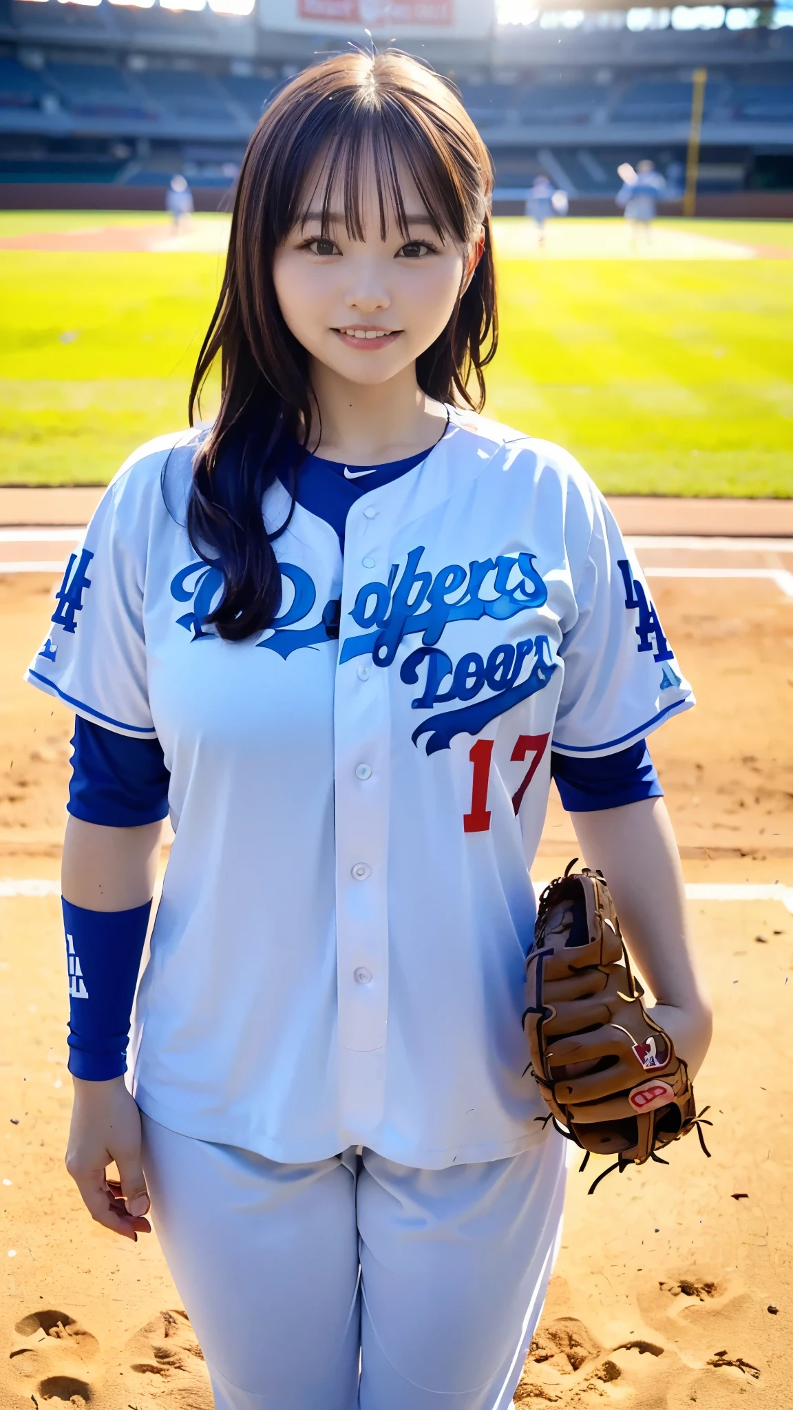Best Quality,masterpiece, super high definition, highdefinition RAW color photo, professional photography, natural skin texture, fine skin, hyperrealism , Japanese Female,(smile,Laugh happily,gigantic breasts, long hair),(((Watching baseball,Dodger Stadium, Dodgers uniform,17 Ohtani))))