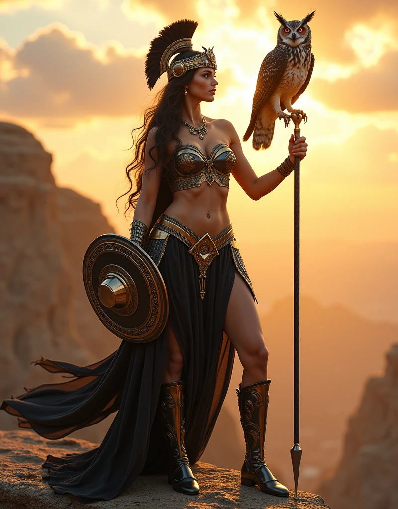 (masterpiece, highest quality, Highest image qualitHigh resolution, photorealistic, Raw photo, Extremely detailed CG unified 8k wallpaper), cover design featuring a stunning goddess Athéna, very hot and sexy, ((Dynamic, cinetic warrior position), ((black sexy bronze and gold armour)), (jaw-dropping beauty, perfect proportions, beautiful body, slim body beauty:1.4), sunset Light, Volumetric Light, (dark brown stunning eyes, white skin, black long hair)((bronze helmet, bronze Shield and long spear)). ((Standing in a stunning and sensual position at the top of a cliff)), (greek mythologic fantasy, bright colors) Sunny Sky. ((A majectic owl is sitting on the goddess arm), sun lights through the clouds. The overall tone is elegant and powerful, with a slightly surreal ambiance. (Realistic light, textures and details. Full HD, 8K) 