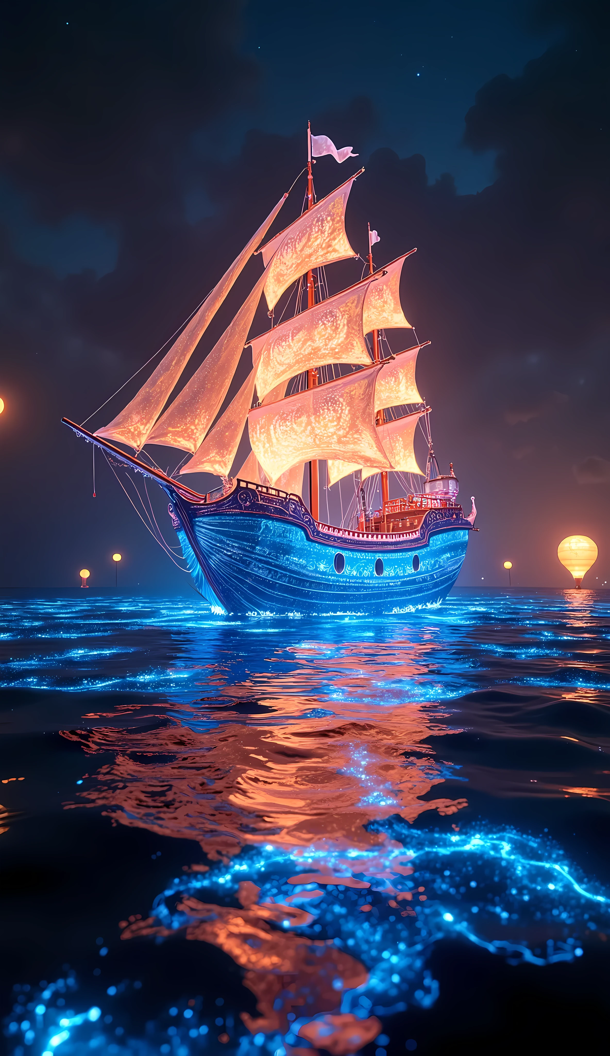 a fantasy scene of a lantern-themed world, a ghostly ship floating on the night sea as if merging with a hot air balloon, solo, its translucent hull enveloping the surroundings in a soft glow like a stained glass lantern, vibrant luminescence blending into the sea, creating an illogically beautiful holographic art projection, the glowing vessel transforming the dark, lonely expanse of the ocean into a world of vivid artistry, (best quality,8k,highres,masterpiece:1.2),ultra-detailed,(realistic,photorealistic,photo-realistic:1.37),cinematic lighting,dramatic atmosphere,glowing bioluminescent ocean,fantastic surreal landscape,intricate detailed hull,holographic light effects,warm color tones,dramatic cinematic lighting