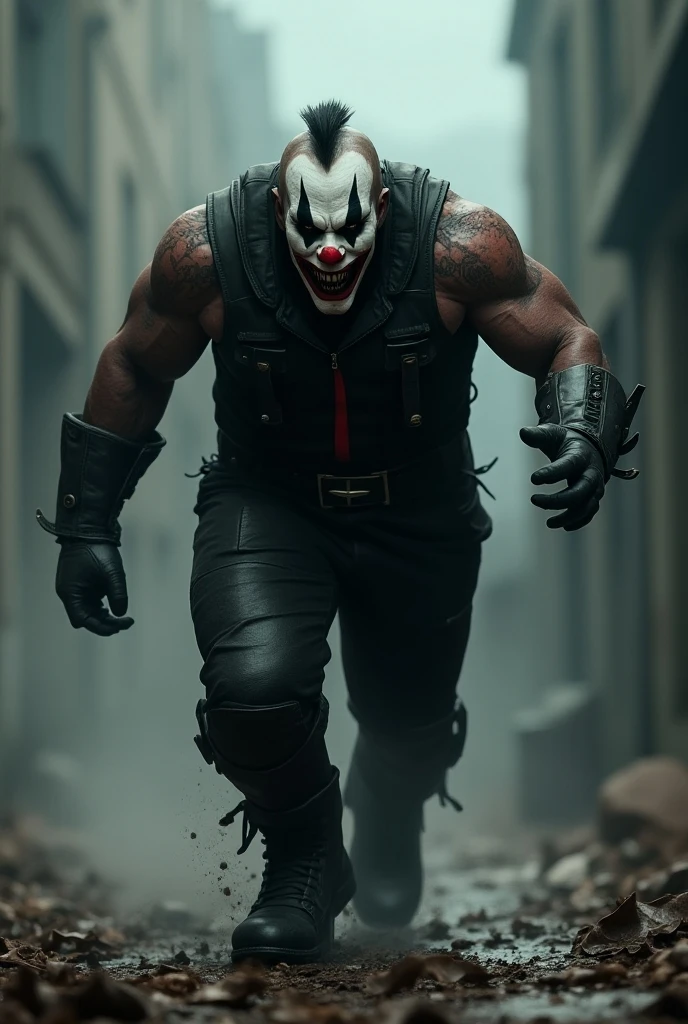 homem alto e musculoso, clown mask, sem camisa, one-handed sledgehammer, Night scenery, horror