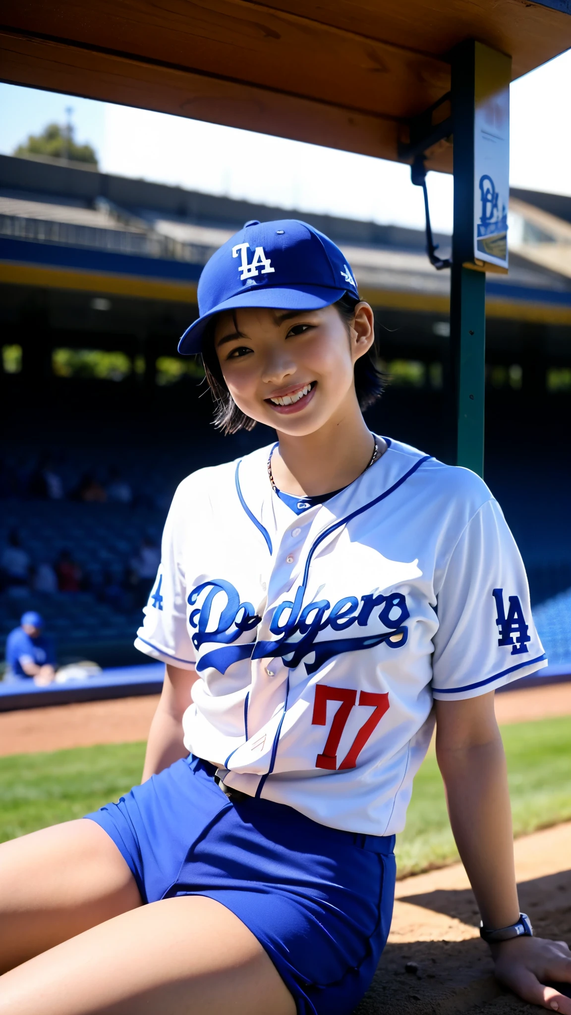 Best Quality,masterpiece, super high definition, highdefinition RAW color photo, professional photography, natural skin texture, fine skin, hyperrealism , Japanese Female,(smile,Laugh happily,Big Breasts, shortcut hair, hotpants),(((Sit in the stand and watch a baseball game,Dodger Stadium, Dodgers uniform,17 Ohtani)))