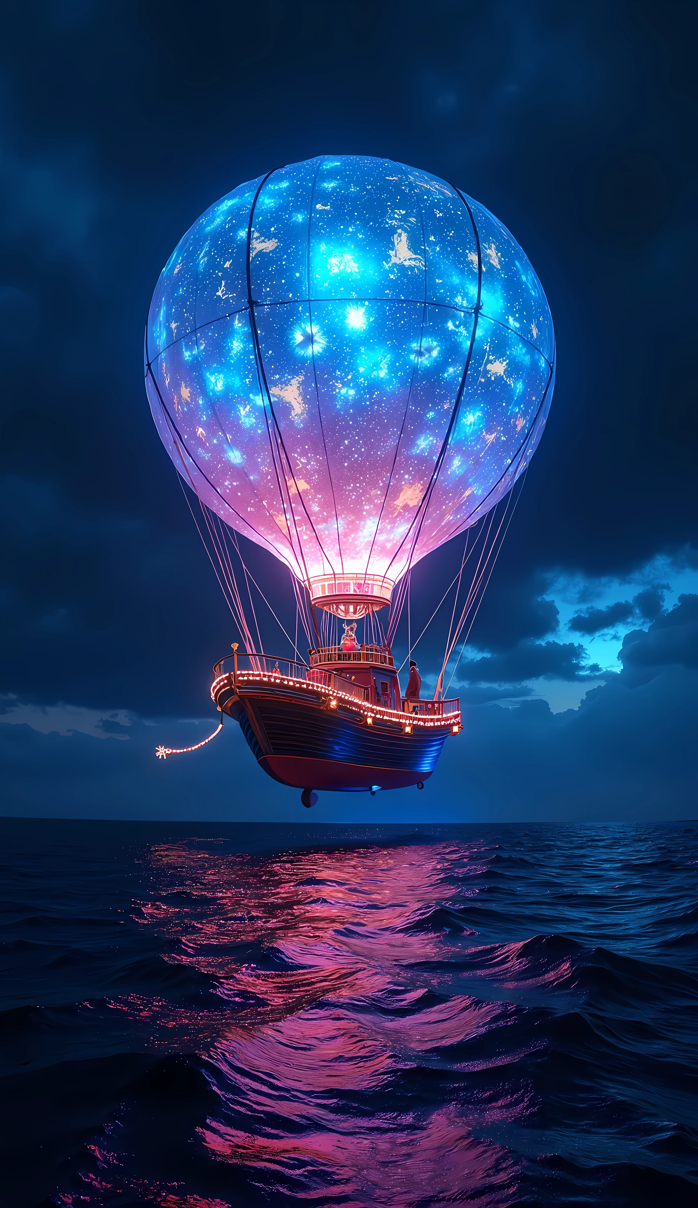 a fantasy world with lanterns, a ship that looks like a hot air balloon floating on a night sea, its translucent hull glowing like a stained glass lantern, casting soft light all around, the vibrant colors of the illumination blending into the sea, creating an abstract, ethereal, and beautiful holographic projection, transforming the dark, lonely expanse of the ocean into a world of colorful art, solo, (best quality, 4k, 8k, highres, masterpiece:1.2), ultra-detailed, (realistic, photorealistic, photo-realistic:1.37), cinematic lighting, dramatic, moody, glowing, bioluminescent, mystical, surreal, fantastical, magical realism, atmospheric, ethereal, dramatic, moody, glowing, bioluminescent, mystical, surreal, fantastical, magical realism, atmospheric, ethereal