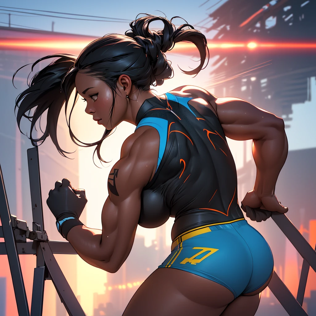 1girl, Russian, working in a factory, ((muscular booty)), detailed, ((detailed body)), (dynamic pose)