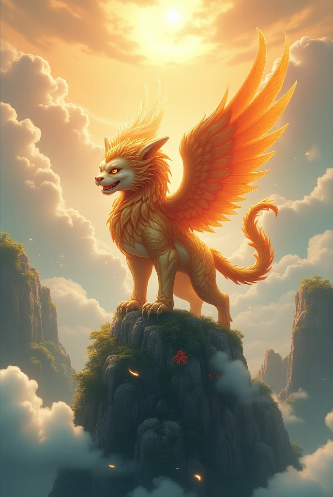 Horizontally create a PC wallpaper of the mythical being Griffin, imposing, with huge horns, in 3D that is fighting with musical notes on a blue lava volcano
