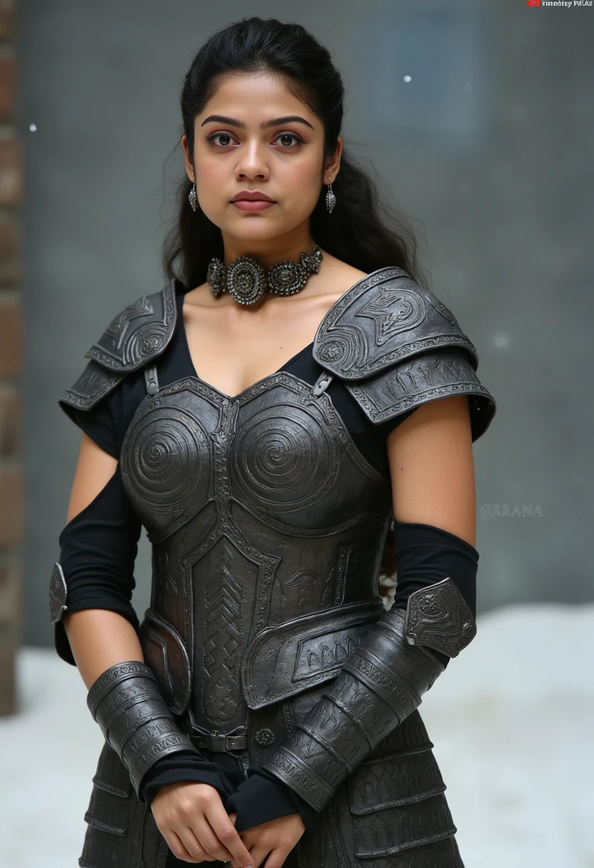 Indian Women, warrior, Vikings style, softly looking at viewer, foggy background, well-detailed skin,  (half body portrait), ultra-realistic, medieval armor, fierce expression, flowing hair, intense eyes, battle scars, Nordic jewelry, powerful stance, dramatic lighting, strong female character, cold color palette, ethereal atmosphere, mystical aura, ancient runes, snowy landscape, frozen breath. Curly hairs, lens flare, HX armour , ((( extremely detailed face, war background, in action,soft muscular body,holding sword, half body portrait, naked , large breasts, hourglass figure, s)) ananya sharma 