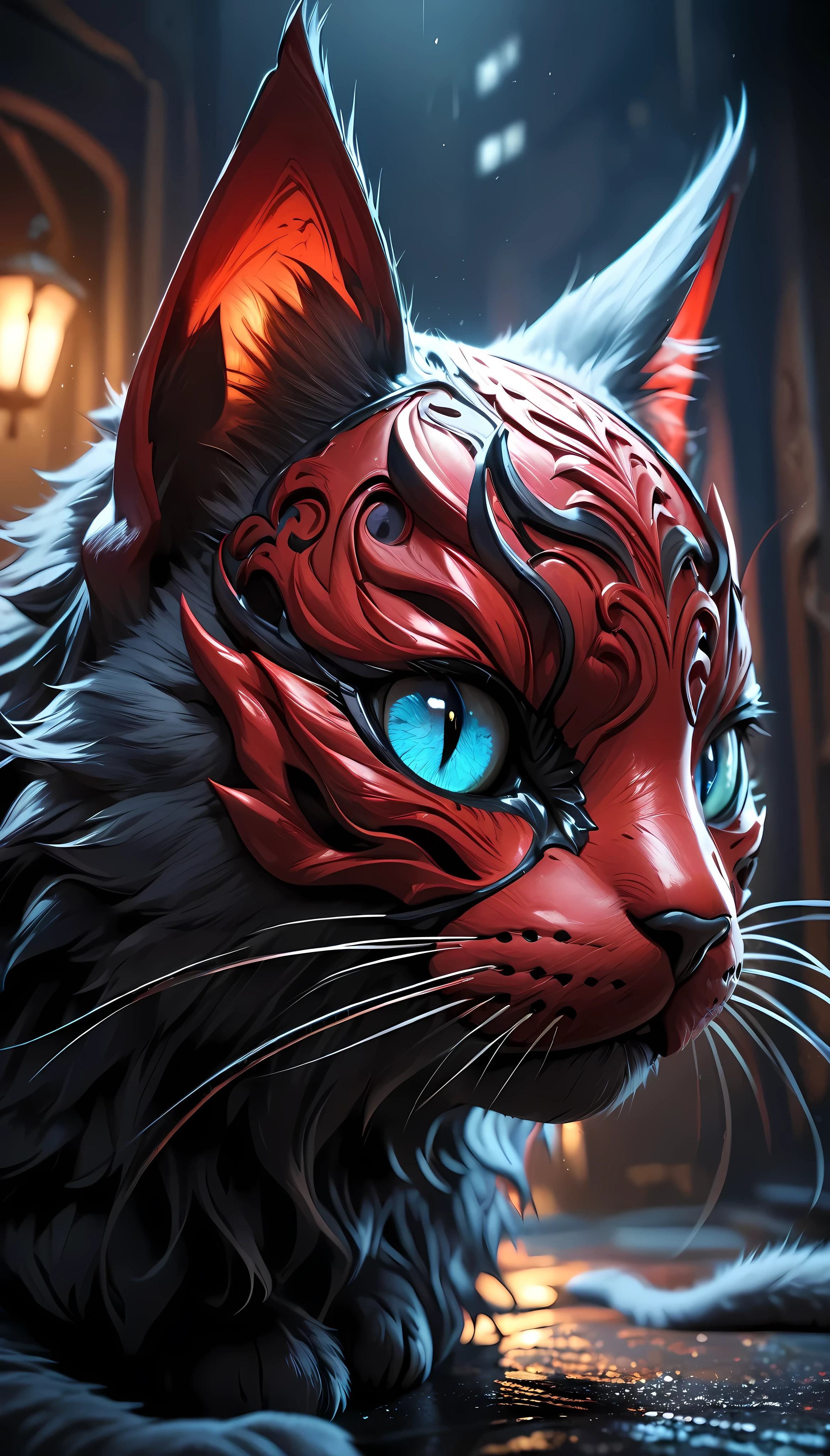 a cute kitten wearing a crazy red demon mask, detailed facial features, 1 cat, beautiful detailed eyes, beautiful detailed nose, beautiful detailed mouth, extremely detailed face, intricate details, hyper-realistic, 8k, high quality, masterpiece, dramatic lighting, cinematic, saturated colors, dark and moody atmosphere, horror, fantasy, concept art