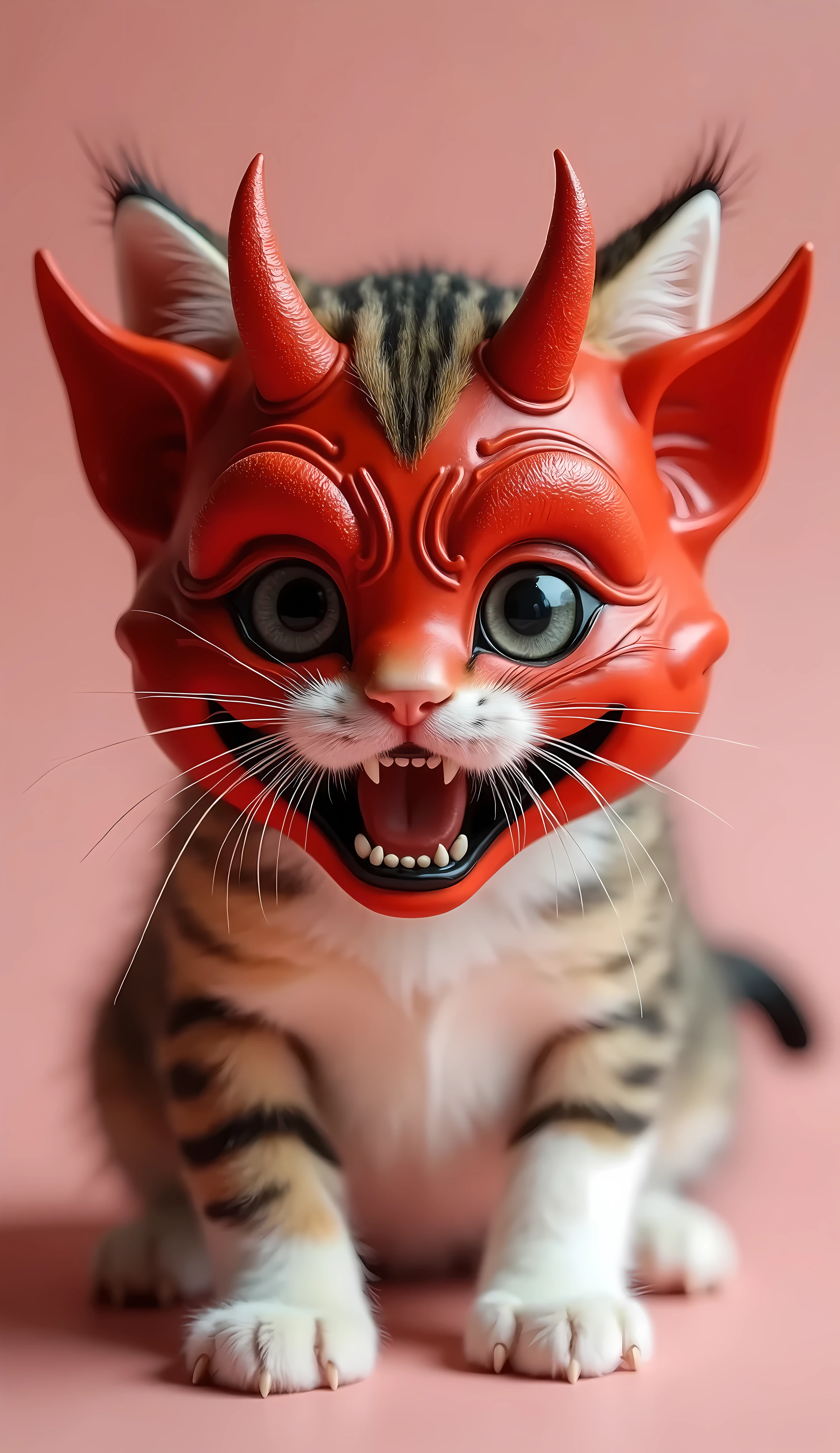 A very cute kitten wearing a crazy red devil mask, 