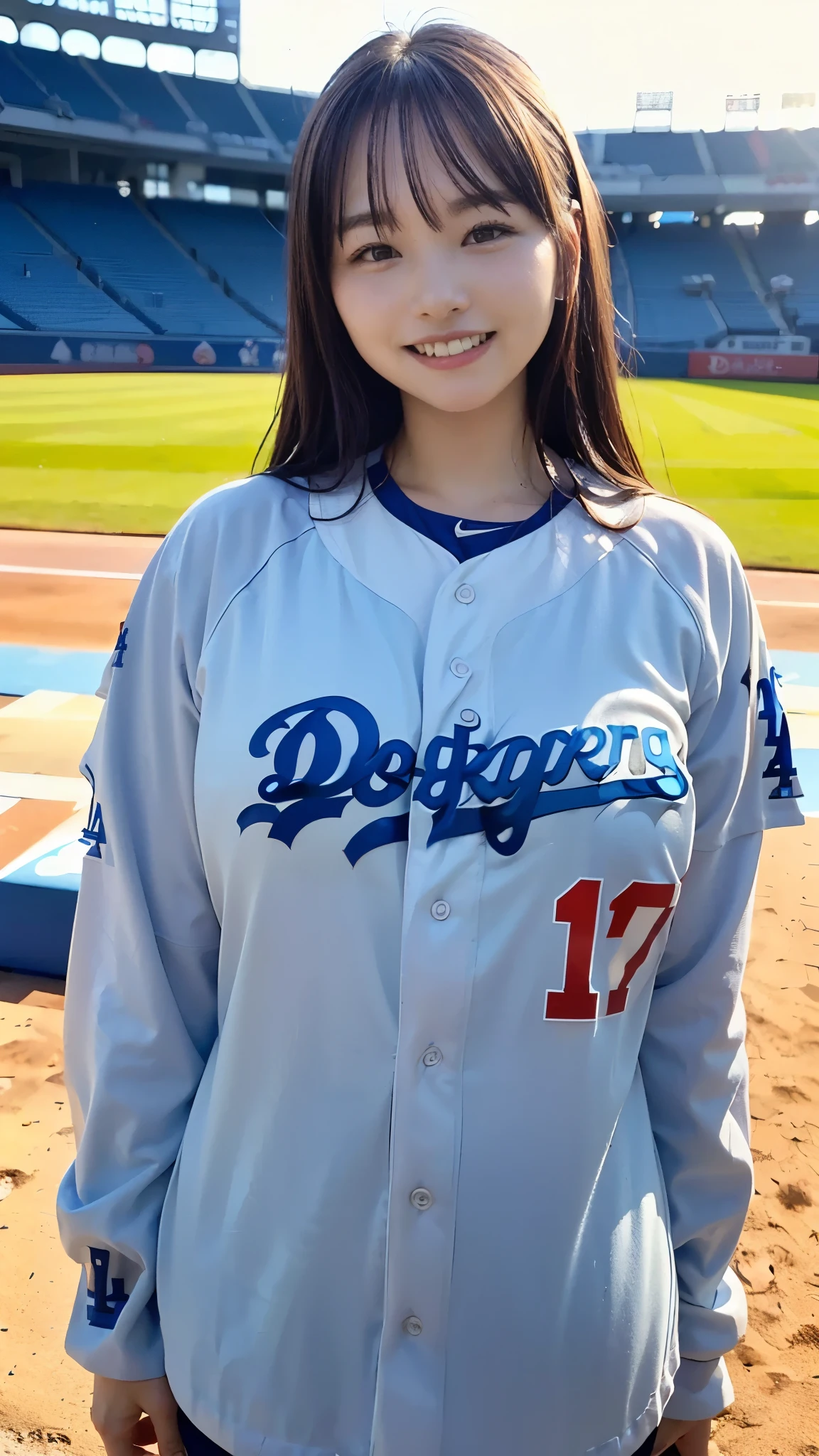 Best Quality,masterpiece, super high definition, highdefinition RAW color photo, professional photography, natural skin texture, fine skin, hyperrealism , Japanese Female,(smile,Laugh happily,gigantic breasts, long hair),(((Watching baseball,Dodger Stadium, Dodgers uniform,Number 17)))