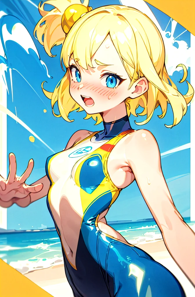    1 girl,     blonde short cut   ,    blue eyes, dark blue and dark yellow two-tone pearl metallic competitive swimsuit, stylish adult woman with very small breasts ,   T-back  ,  character portrait ,Background sandy beach,Sporty competitive swimwear,Waving, Blushing ,  show your teeth and laugh ,  open your mouth , Droopy eyes