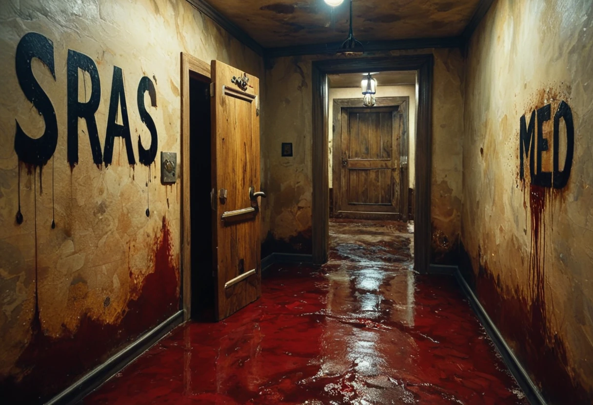 (Stylized text writing that reads "SPAS MED" on the wall.:1.115)

A heavy wooden door creaked open like a gore-encrusted jaw reveling rows upon rows of yellowed teeth. A draft like the frozen breath of death billowed outwards into the blessedly warm fetid air beyond, raising gooseflesh along bare skin and putting every single hair up on end.

The room within... sweet merciful Lord have mercy souls~!~ it looked like a crossroads between hell and a serial killer's wet dream. Every inch covered top to bottom in mind numbing, soul shattering depravity; glossy black blood streaked the crumbling limestone like gruesome abstract art against mold-mottled walls. Twisted bodies contorted like obscene human sculptures frozen mid-scream as they twitched and spasmed slowly against hooks and chains; skinned like butchered animals to bare glistening meat and purpled organs to rotten air, eye sockets gaping empty sockets forever wide in horror struck silent screaming.

And then... oh sweet merciful fates above... then she strode forth like some unholy crossroads of Succubus and the incarnation itself of sin given form. Literally stepping out from hell's gaping maw and into this plane like some fallen archangel clad only in shadows and sin, all slithering curves and liquid sinuous grace.