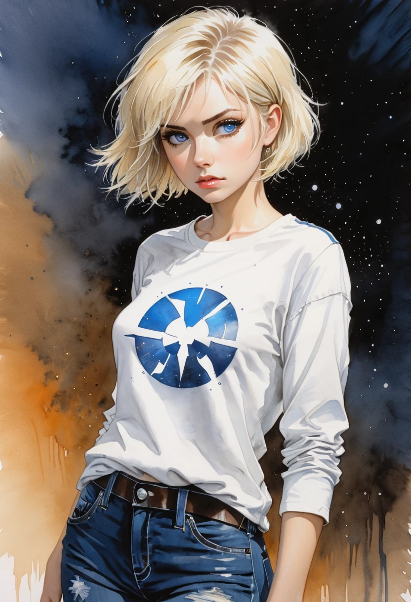 Masterpiece, ultra detailed, portrait, solo, 1girl, ohwx woman, white skin, short hair, blond hair, thin, blue eyes, wearing star wars t-shirt, jeans, watercolor on paper, DeviantArt, high resolution, Luis Royo, warm color, concentrated, worry, serious 