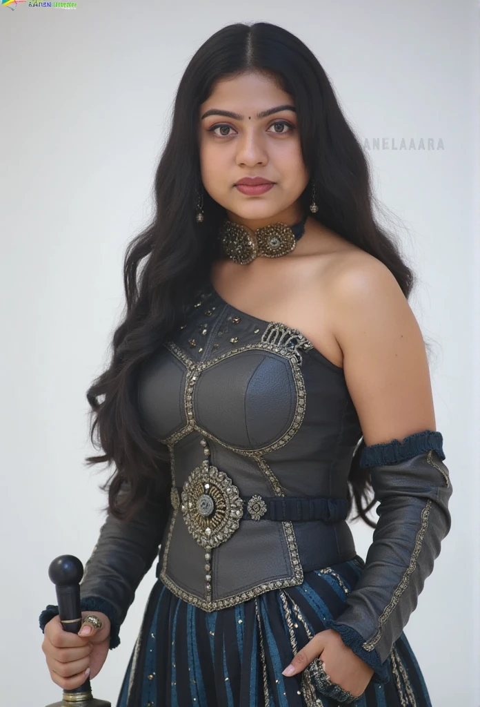 Indian Women, warrior, Vikings style, softly looking at viewer, foggy background, well-detailed skin,  (half body portrait), ultra-realistic, medieval armor, fierce expression, flowing hair, intense eyes, battle scars, Nordic jewelry, powerful stance, dramatic lighting, strong female character, cold color palette, ethereal atmosphere, mystical aura, ancient runes, snowy landscape, frozen breath. Curly hairs, lens flare, HX armour , ((( extremely detailed face, war background, in action,soft muscular body,holding sword, half body portrait, naked , large breasts, hourglass figure, s)) ananya sharma 