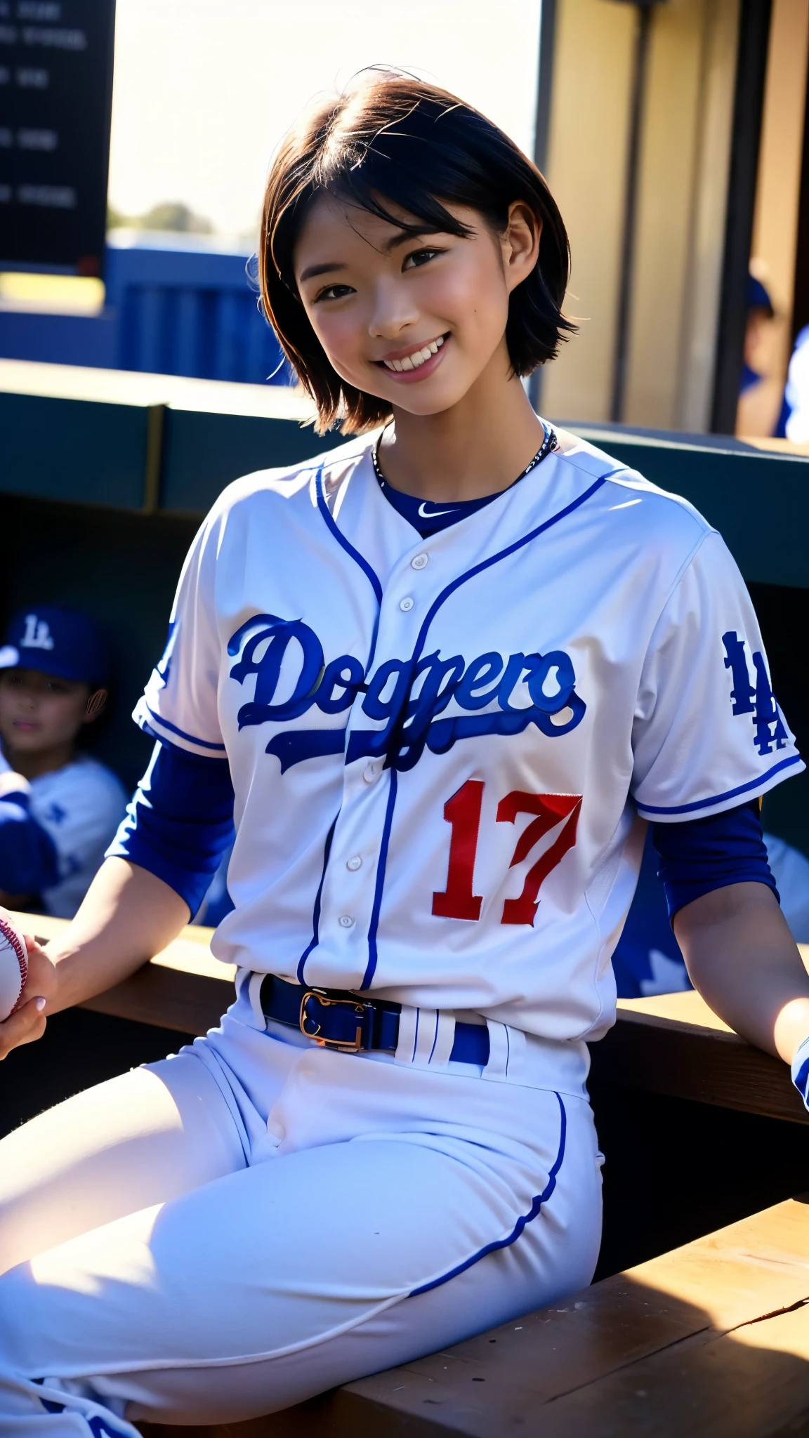 Best Quality,masterpiece, super high definition, highdefinition RAW color photo, professional photography, natural skin texture, fine skin, hyperrealism , Japanese Female,(smile,Laugh happily,(Big Breasts), shortcut hair),(((Sit in the stand and watch a baseball game,Dodger Stadium, Dodgers uniform,Number 17)))