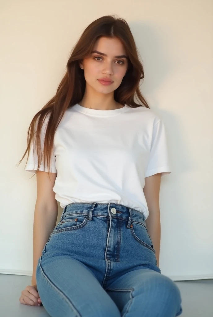 ((perfect photograph)), ((realistic)), ((8k)), ((beautiful bright eyes)), (perfect face) ((really long dark blue t-shirt)), super small breasts, gorgeous face with beautiful makeup, white women with dark wavy hair, black jeans, standing towards the camera, sunny day at the park, torso facing camera, outdoors, lots of light, lots of plants, beautiful eyes, smirking