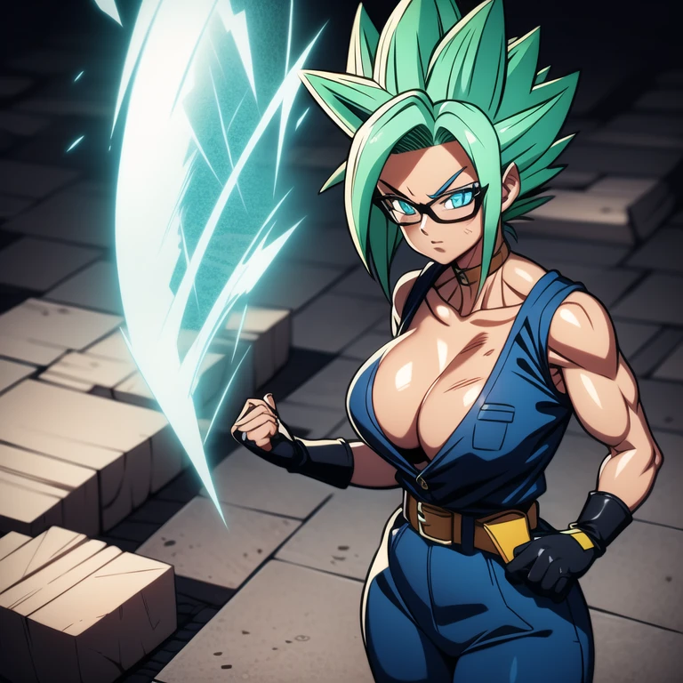 dbsuper style, 
Girl, green aura, super saiyan aura, belt, cyan hair, huge hair, bruise, bruise on face, clenched hands, frown, glasses, gloves, blue eyes, grey gloves, injury, medium breasts, huge muscular, solo, spiked hair, super saiyan, super saiyan 4, mouth opened, furious, military's uniform, widow's preak
, ((masterpiece)) 
