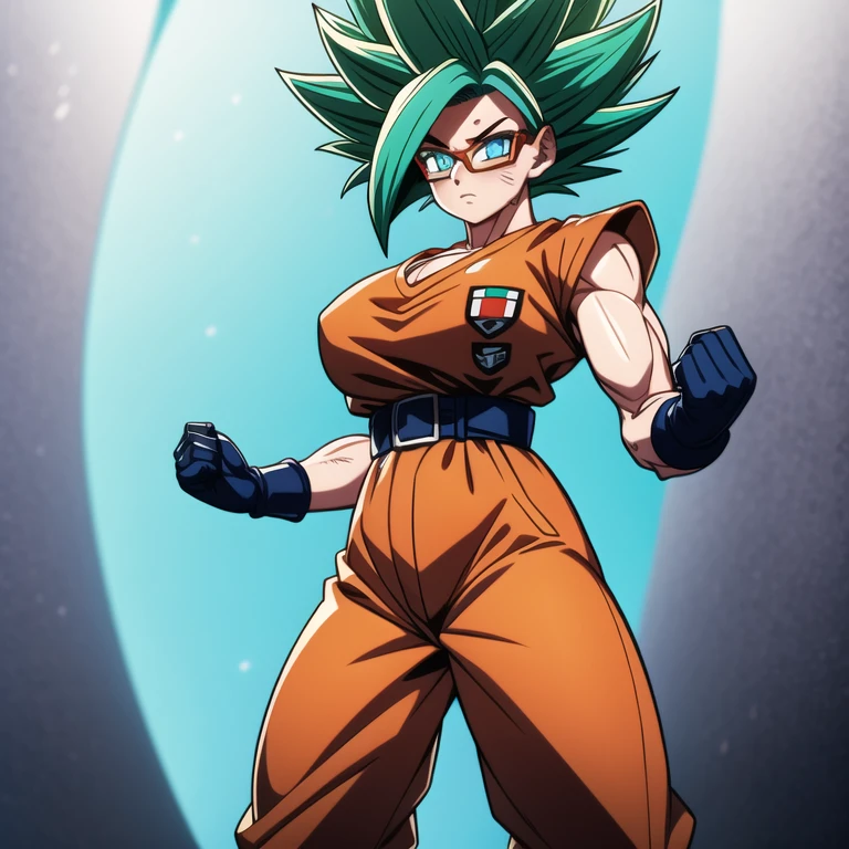 dbsuper style, 
Girl, green aura, super saiyan aura, belt, cyan hair, huge hair, bruise, bruise on face, clenched hands, frown, glasses, gloves, blue eyes, grey gloves, injury, medium breasts, huge muscular, solo, spiked hair, super saiyan, super saiyan 4, mouth opened, furious, military's uniform, widow's preak
, ((masterpiece)) 
