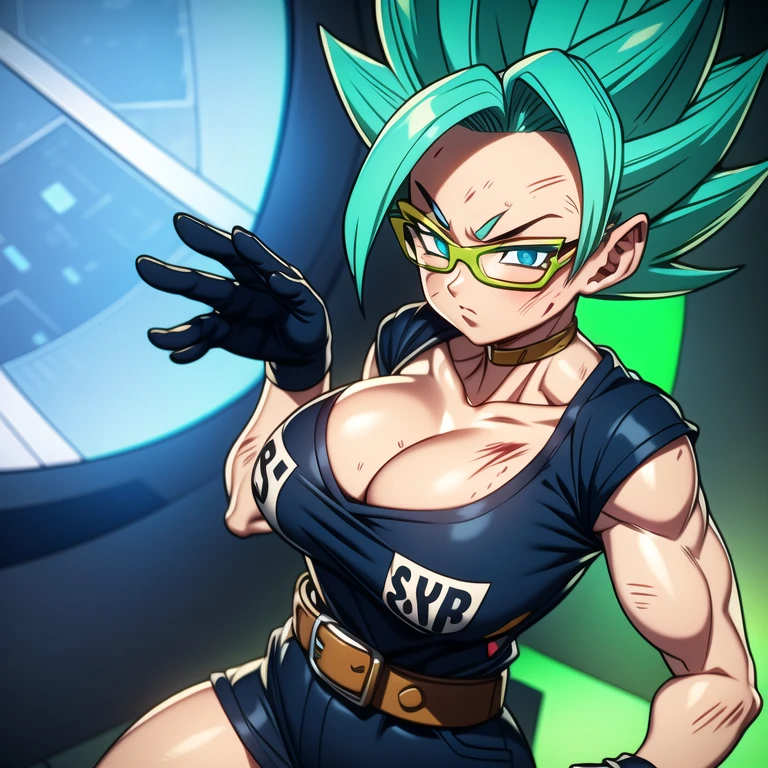 dbsuper style, 
Girl, green aura, super saiyan aura, belt, cyan hair, huge hair, bruise, bruise on face, clenched hands, frown, glasses, gloves, blue eyes, grey gloves, injury, medium breasts, huge muscular, solo, spiked hair, super saiyan, super saiyan 4, mouth opened, furious, military's uniform, widow's preak
, ((masterpiece)) 
