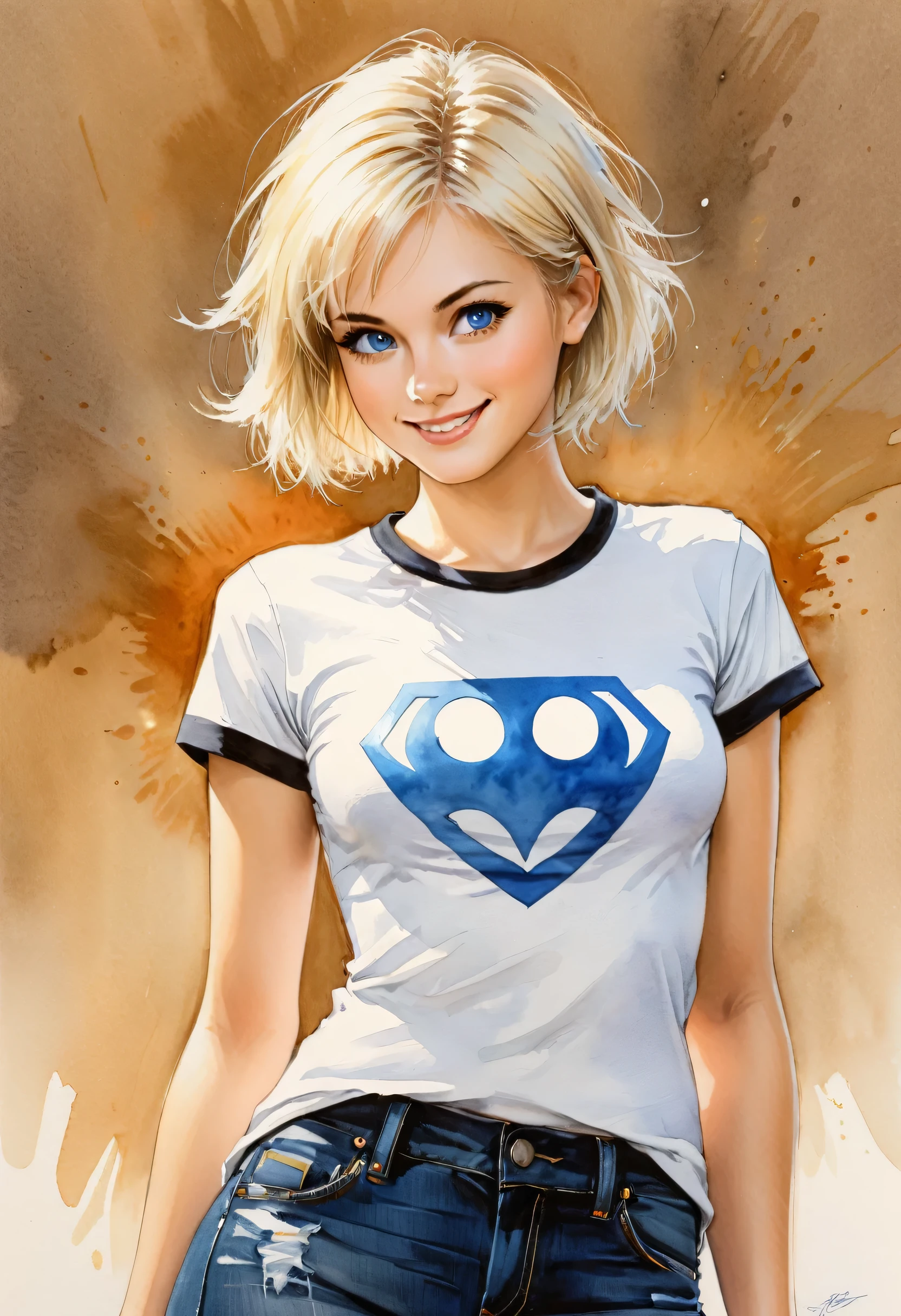 Masterpiece, ultra detailed, portrait, solo, 1girl, ohwx woman, white skin, short hair, blond hair, thin, blue eyes, wearing geek t-shirt, jeans, watercolor on paper, DeviantArt, high resolution, Luis Royo, warm color, smiling, funny 