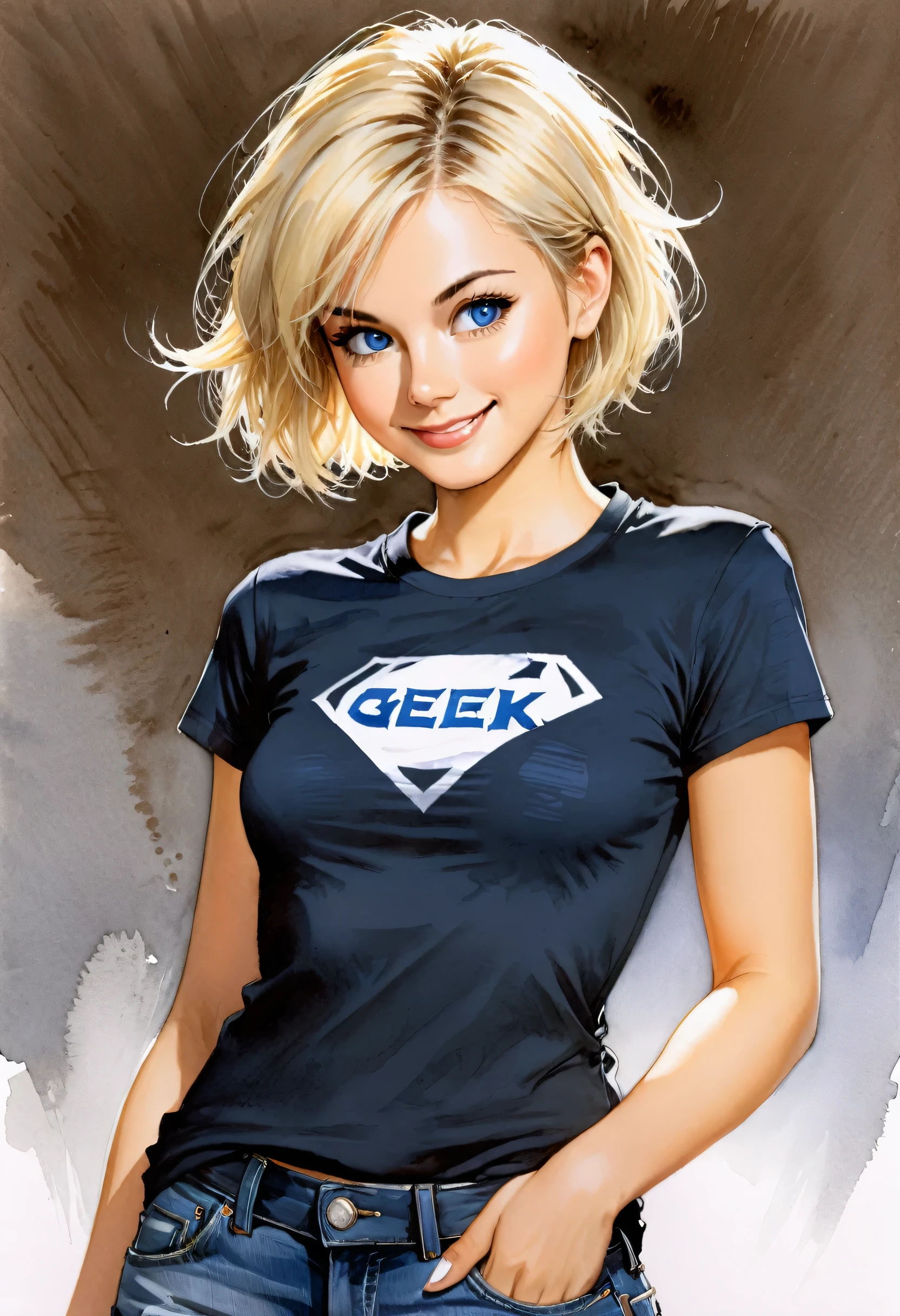 Masterpiece, ultra detailed, portrait, solo, 1girl, ohwx woman, white skin, short hair, blond hair, thin, blue eyes, wearing geek t-shirt, jeans, watercolor on paper, DeviantArt, high resolution, Luis Royo, warm color, smiling, funny 