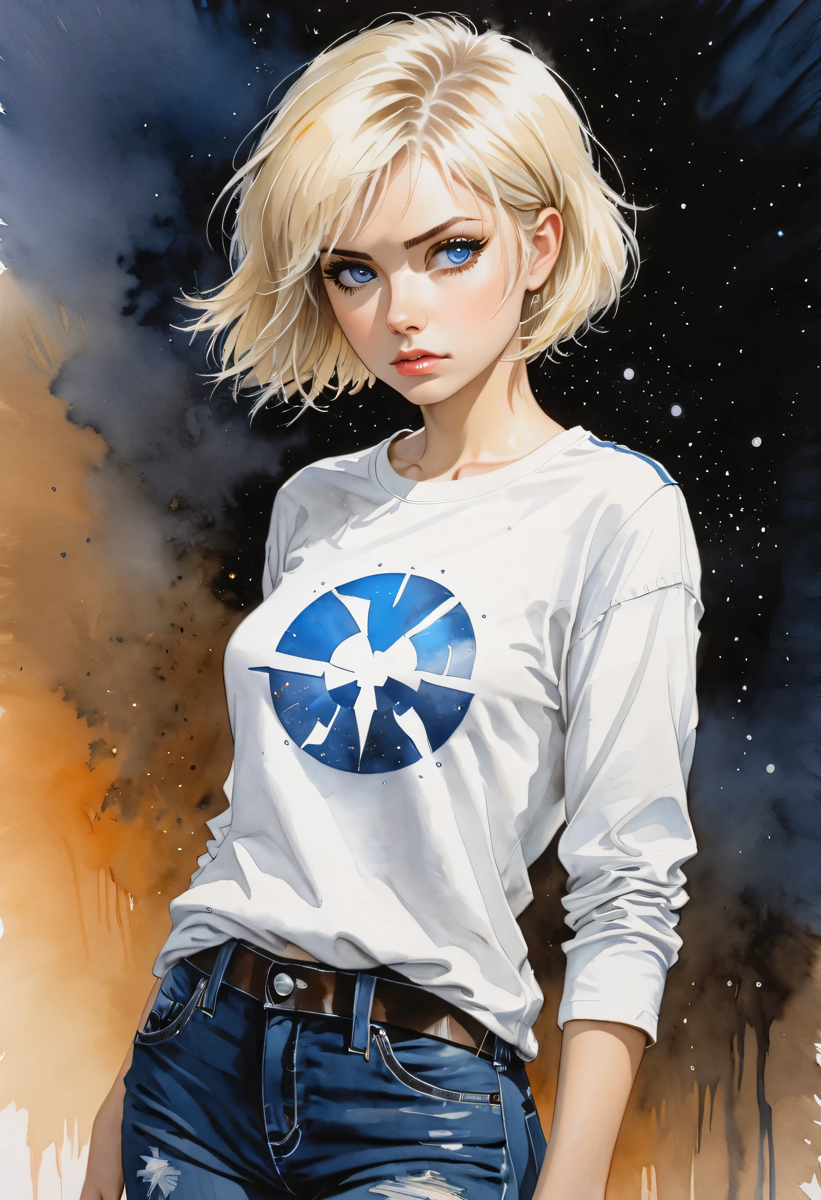 Masterpiece, ultra detailed, portrait, solo, 1girl, ohwx woman, white skin, short hair, blond hair, thin, blue eyes, wearing star wars t-shirt, jeans, watercolor on paper, DeviantArt, high resolution, Luis Royo, warm color, concentrated, worry, serious 