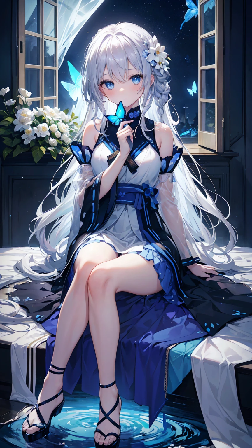 Lilac gradient hair,Asymmetrical hair,((Hair is very thick 1.8,Hair is well-defined1.6)), Hair over the shoulder, messy hair, Very long hair, shinny hair,(Long gray hair:1.2),A beautyful girl,(Luxurious Platinum Mini Lolita,Made of transparent material),(Transparent clothes transparent 1.8),perfect body figure,high and high,slenderness,(looking sad,Haggard complexion、Haggard complexion、pale nipples ,grieves,close your mouth:1.2) Against the backdrop of an unusually bright dark starry sky,lie on one's side(Place your hands behind your back),(Round, bigger, firm breast),Barefoot,afloat,waterface,(long leges,long leges,long leges,Perfect leg shape),Full body photo