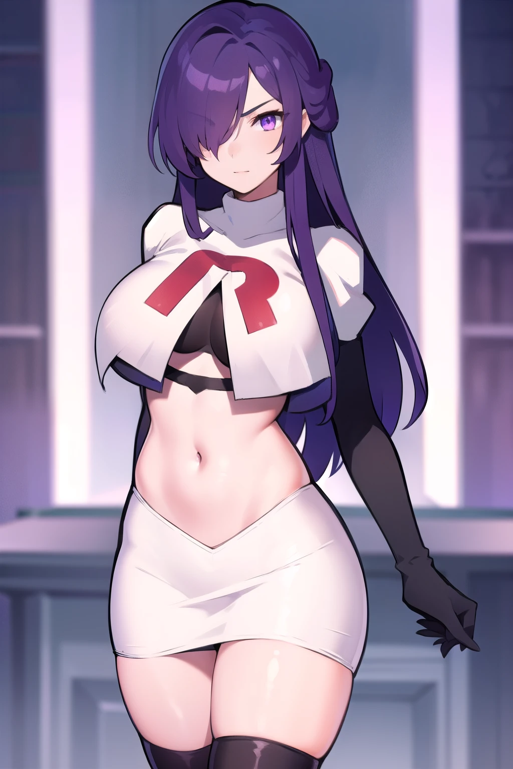 masterpiece, best quality, 1girl,,hair over one eye, purple eyes, purple hair,big breasts,seductive, team rocket,team rocket uniform,white skirt,red letter R,crop top,black thigh-highs,black elbow gloves, cowboy shot,