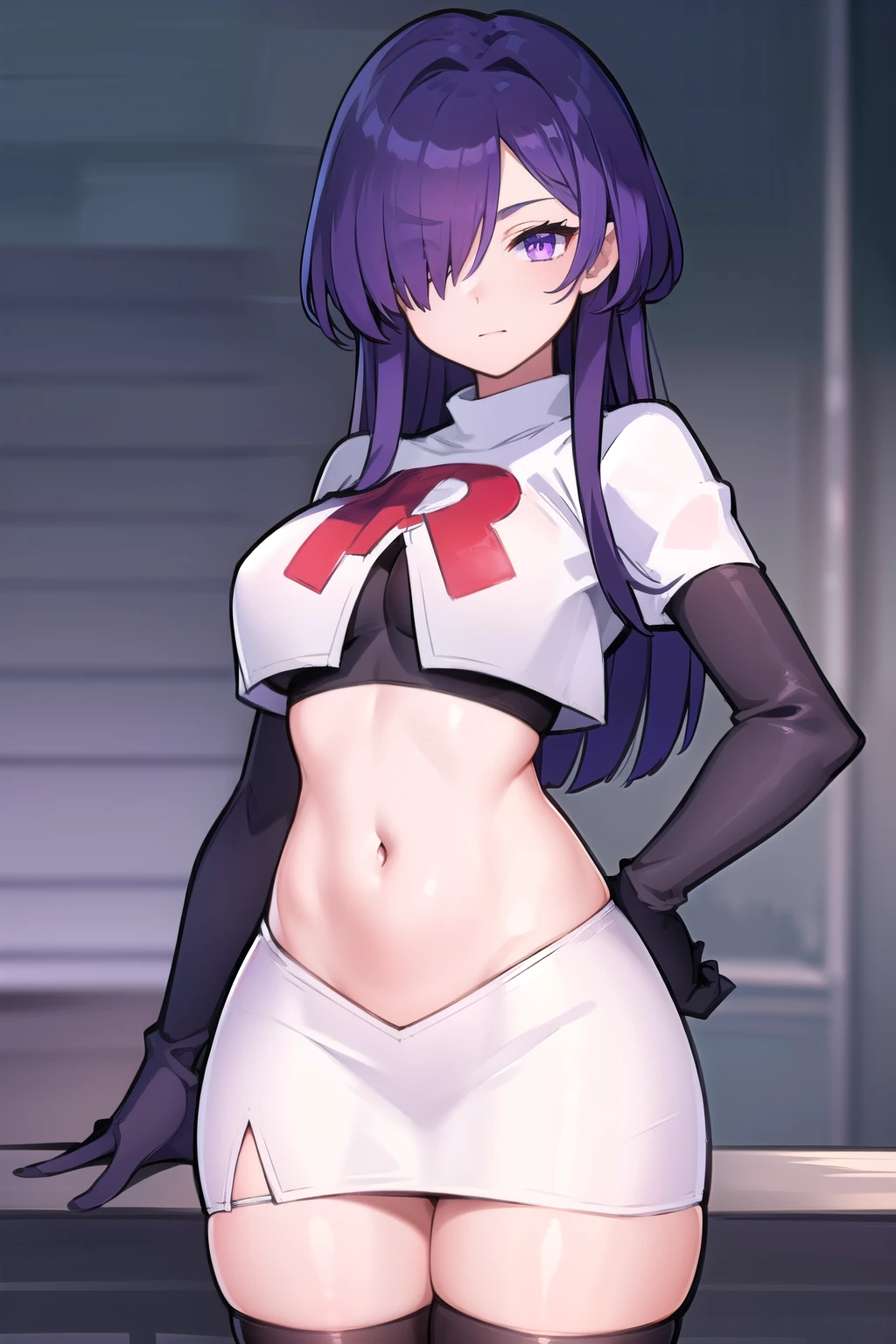 masterpiece, best quality, 1girl,,hair over one eye, purple eyes, purple hair,big breasts,seductive, team rocket,team rocket uniform,white skirt,red letter R,crop top,black thigh-highs,black elbow gloves, cowboy shot,