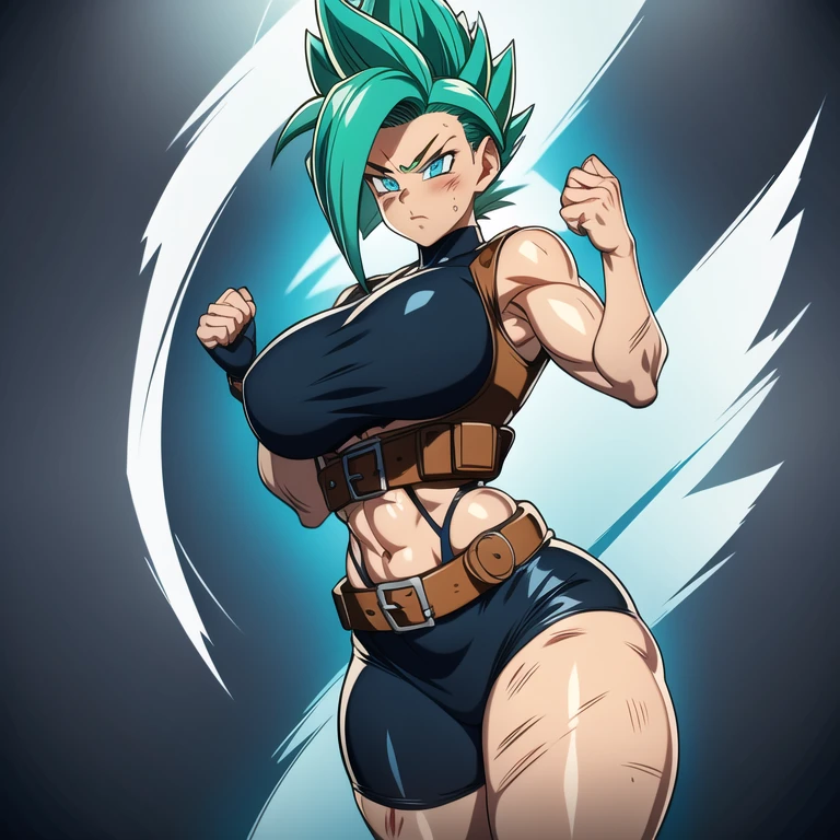 dbsuper style, 
Girl, green aura, super saiyan aura, belt, cyan hair, huge hair, bruise, bruise on face, clenched hands, frown, glasses, gloves, blue eyes, grey gloves, injury, medium breasts, huge muscular, solo, mouth opened, furious, military's uniform, widow's preak
, ((masterpiece)) 
