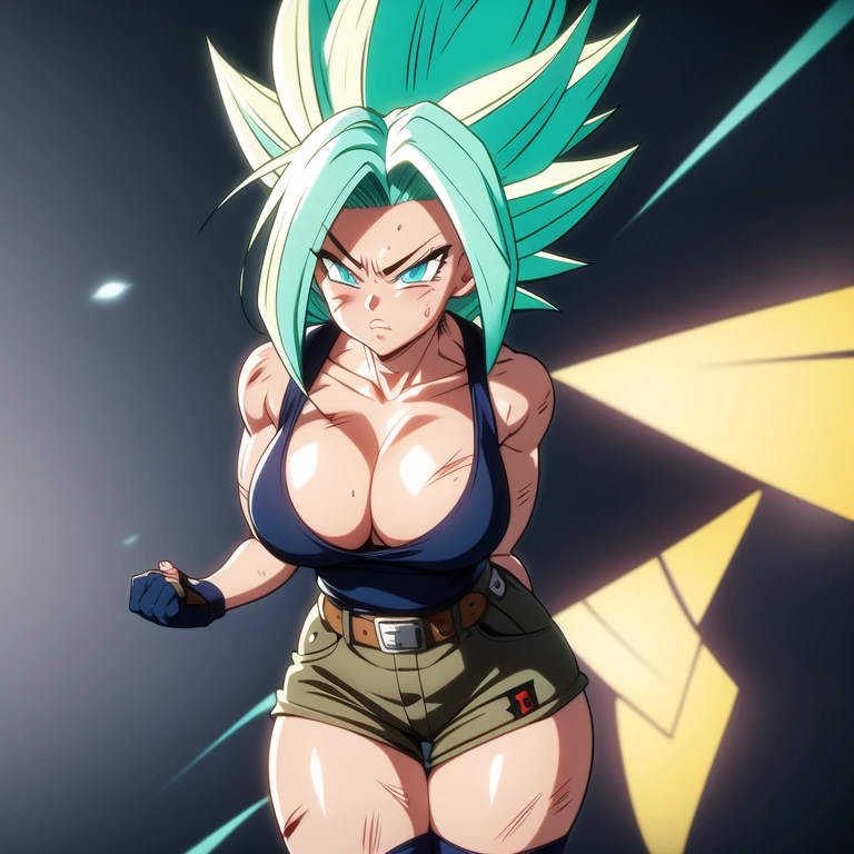 dbsuper style, 
Girl, green aura, super saiyan aura, belt, cyan hair, huge hair, bruise, bruise on face, clenched hands, frown, glasses, gloves, blue eyes, grey gloves, injury, medium breasts, huge muscular, solo, spiked hair, super saiyan, super saiyan 4, mouth opened, furious, military's uniform, widow's preak
, ((masterpiece)) 
