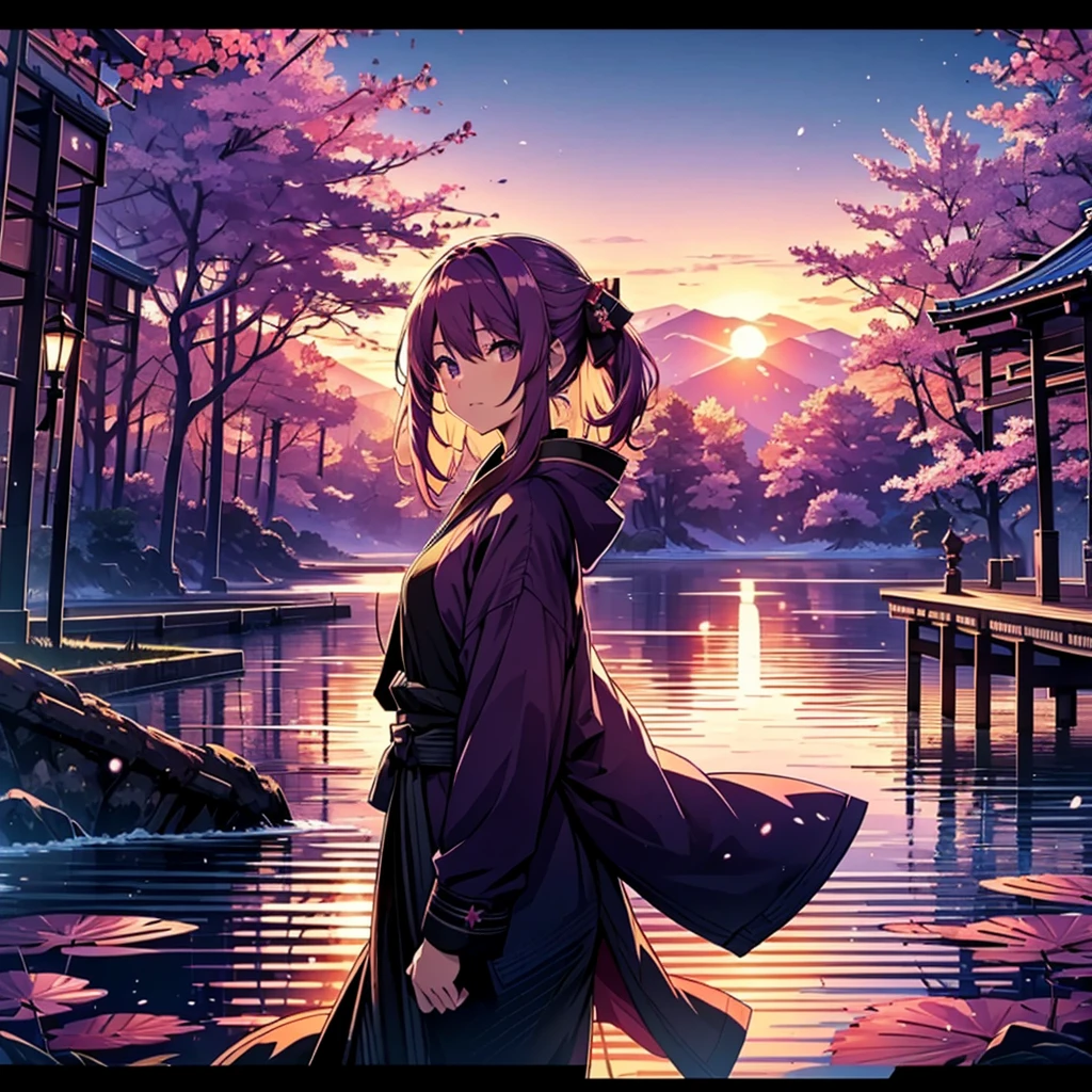 A title screen that reads: “Summer In The Winter: Shinsui’s Sunset”. The background is a beautiful lake with sakura trees and a purple sunset as a blue haired teen stands casually on a grand stone bridge