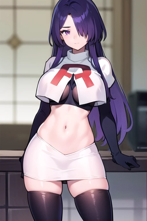 masterpiece, best quality, 1girl,,hair over one eye, purple eyes, purple hair,big breasts,seductive, team rocket,team rocket uniform,white skirt,red letter R,crop top,black thigh-highs,black elbow gloves, cowboy shot,