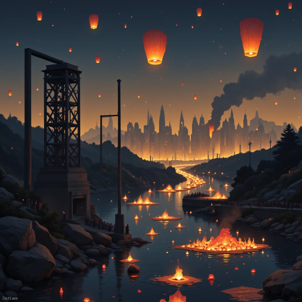 floating paper lanterns in the sky, small lanterns floating down a river, many lanterns floating in the night sky at dusk, lights of the city and lanterns floating in a river, a lone war-damaged building with only a frame left standing in a beautiful cityscape, a war-damaged building frame lit up, people standing by the river offering prayers, a memorial ceremony for fallen soldiers, a festival for peace