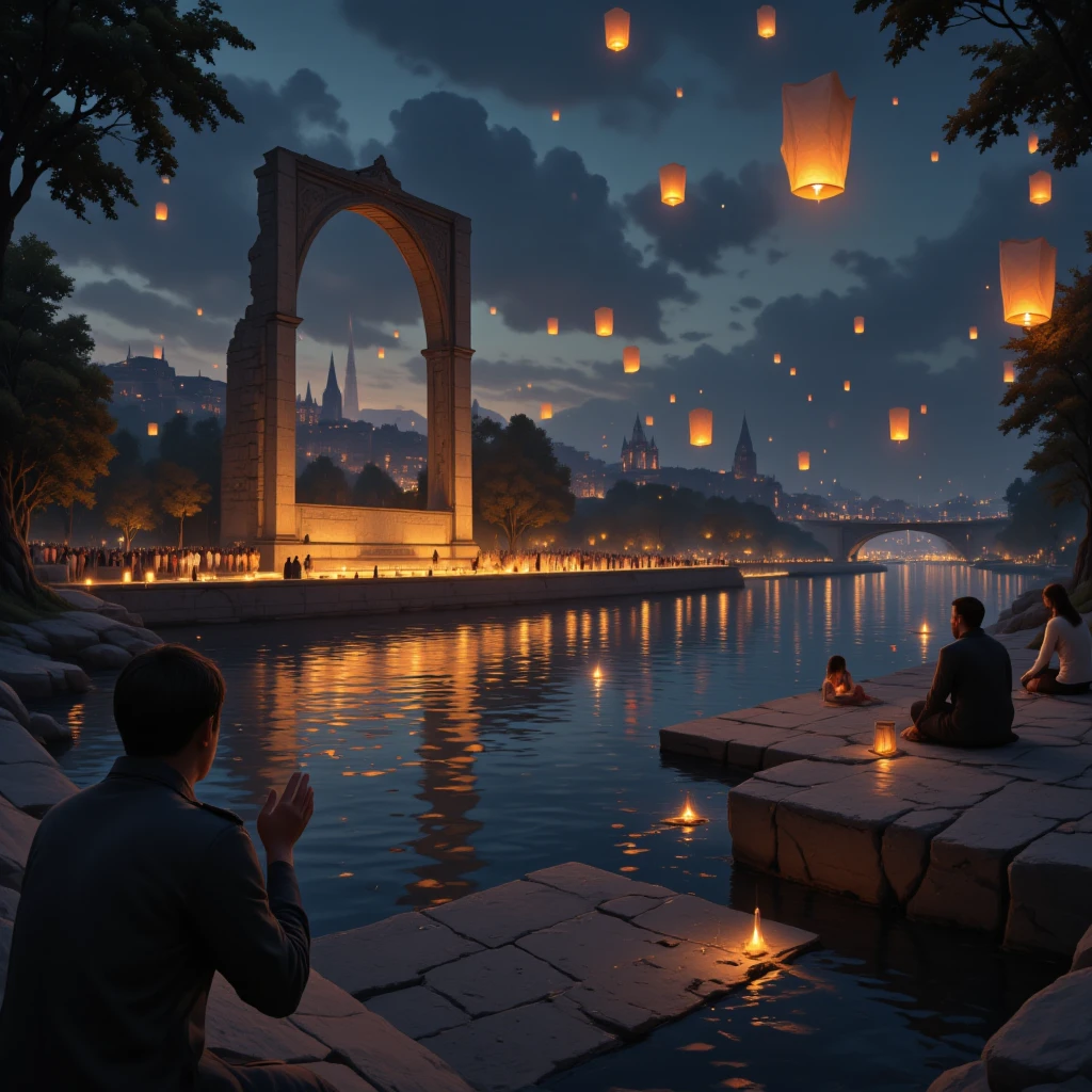 floating paper lanterns in the sky, small lanterns floating down a river, many lanterns floating in the night sky at dusk, lights of the city and lanterns floating in a river, a lone war-damaged building with only a frame left standing in a beautiful cityscape, a war-damaged building frame lit up, people standing by the river offering prayers, a memorial ceremony for fallen soldiers, a festival for peace