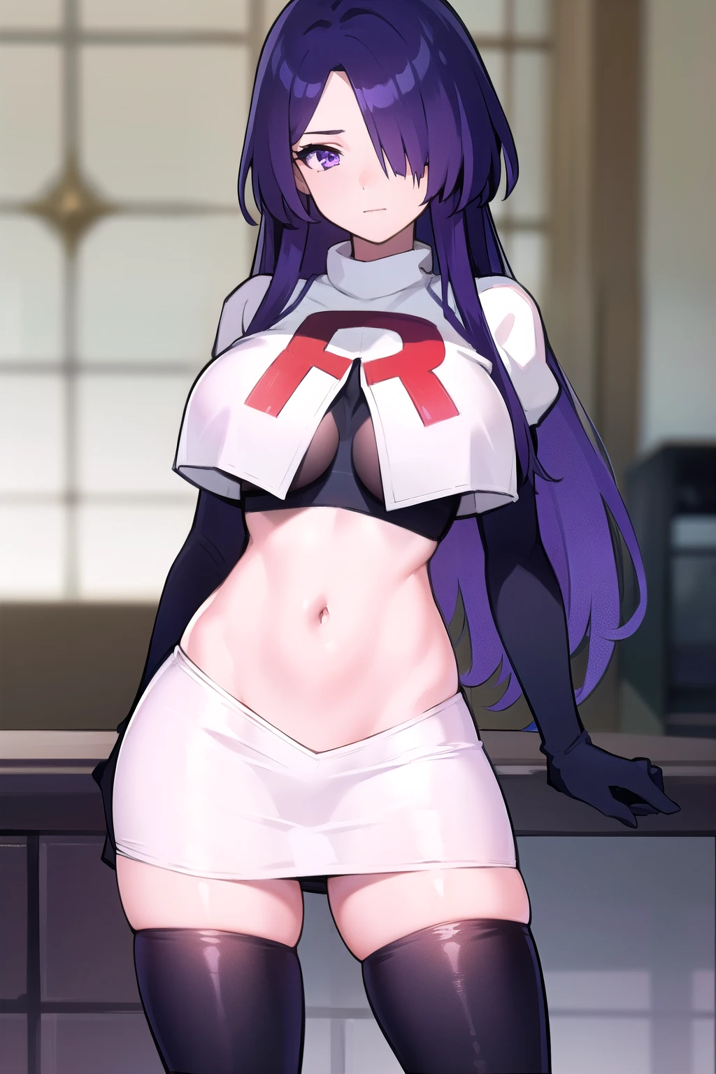 masterpiece, best quality, 1girl,,hair over one eye, purple eyes, purple hair,big breasts,seductive, team rocket,team rocket uniform,white skirt,red letter R,crop top,black thigh-highs,black elbow gloves, cowboy shot,