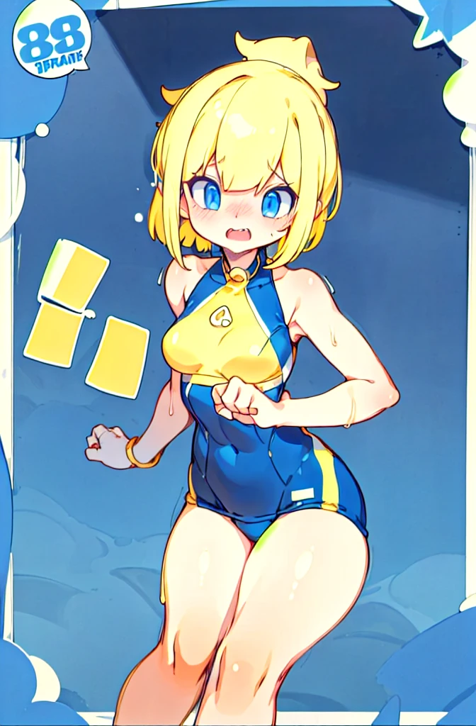 Modest, Shy, Infinitely cute and beautiful, sporty figure, pumped up athletic girl 17 years old; Blonde with short hair, with small neat elastic breasts; with protruding muscles; big eyes, long eyelashes, A slight blush; in an elegant sky blue ball gown; feels uncomfortable; full body photography, Anatomical realism, higly detailed, high quality textures