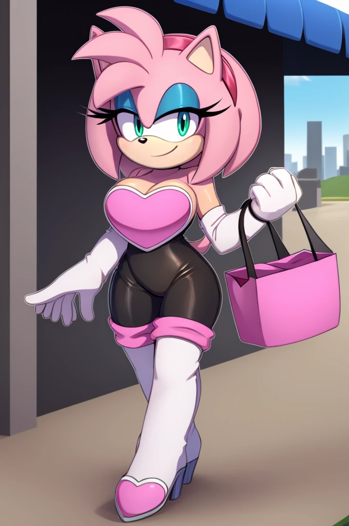 Score_9, score_8_up, 2D, flat color, looking at viewer, (1girl), (solo), very detailed, extremely detailed, Amy Rose from the sonic the hedgehog series, portrait, smile, looking at viewers, hair down, hair bangs, large bust, milf, Rouge cosplay, cosplay, Rouge outfit, she wears a black skin-tight and strapless low-cut jumpsuit, a pink heart-shaped chest plate outlined with thin white trim, elbow-length white gloves and thigh-high high-heeled boots with pink cuffs to match them, with the latter featuring both gray soles and heels, along with steel toes in the appearance of pink hearts, matching her jumpsuit's chest plate, walking in the shopping mall of the city at daytime, holding a blue heart shaped Diamond on her left hand and holding a hand bag on her right hand
