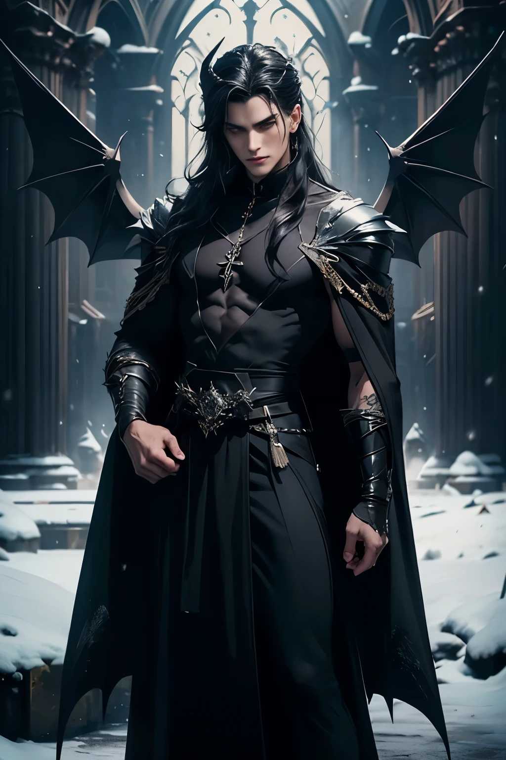 ((Best quality)), ((masterpiece)), 8k (detailed), ((perfect face)), perfect proporcions, ((halfbody)) he is a sorcerer, he is 18 years old, he dresses in a wizard's robe, gothic style, he has orange eyes, he has long wavy black hair, he is outside, he is in a snowy garden, there is snow, snow, he is strong and muscular, he has the bare torso, he is a demon ((perfect face)) sexy male, gothic make up ((fullfbody)) two man, black hair, he has bih demon wings, he is a vampire, big wings, black wings, long hair, long black hair, long hair, big wings, 