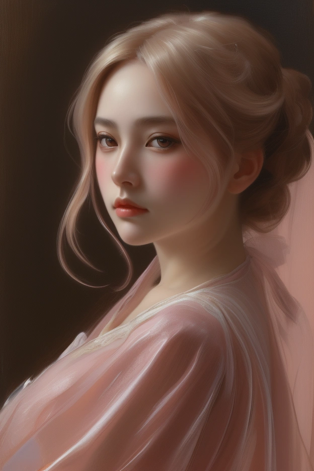 masterpiece, best quality, ultra high res, beautiful detailed hair detailed face, perfect feminine face, A detailed illustration of a victorian woman in blouse wearing, her eyes are expressive and there are hint of pink around them, side shot, blonde hair, delicate eye lashes, blushing cheeks, blend of white, pink, yellow colors, gigantic breasts, by sakimichan and george kamitani, akira yasuda and WLOP, oil on canvas, oil painting, alphonse mucha