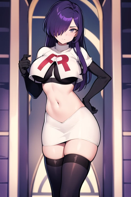 masterpiece, best quality, 1girl,,hair over one eye, purple eyes, purple hair,big breasts,seductive, team rocket,team rocket uniform,white skirt,red letter R,crop top,black thigh-highs,black elbow gloves, cowboy shot,