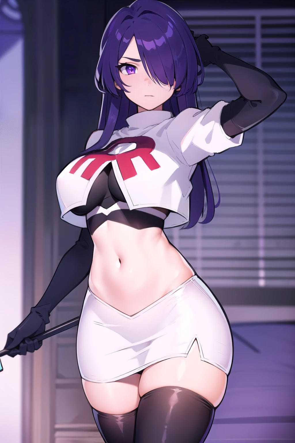 masterpiece, best quality, 1girl,,hair over one eye, purple eyes, purple hair,big breasts,seductive, team rocket,team rocket uniform,white skirt,red letter R,crop top,black thigh-highs,black elbow gloves, cowboy shot,