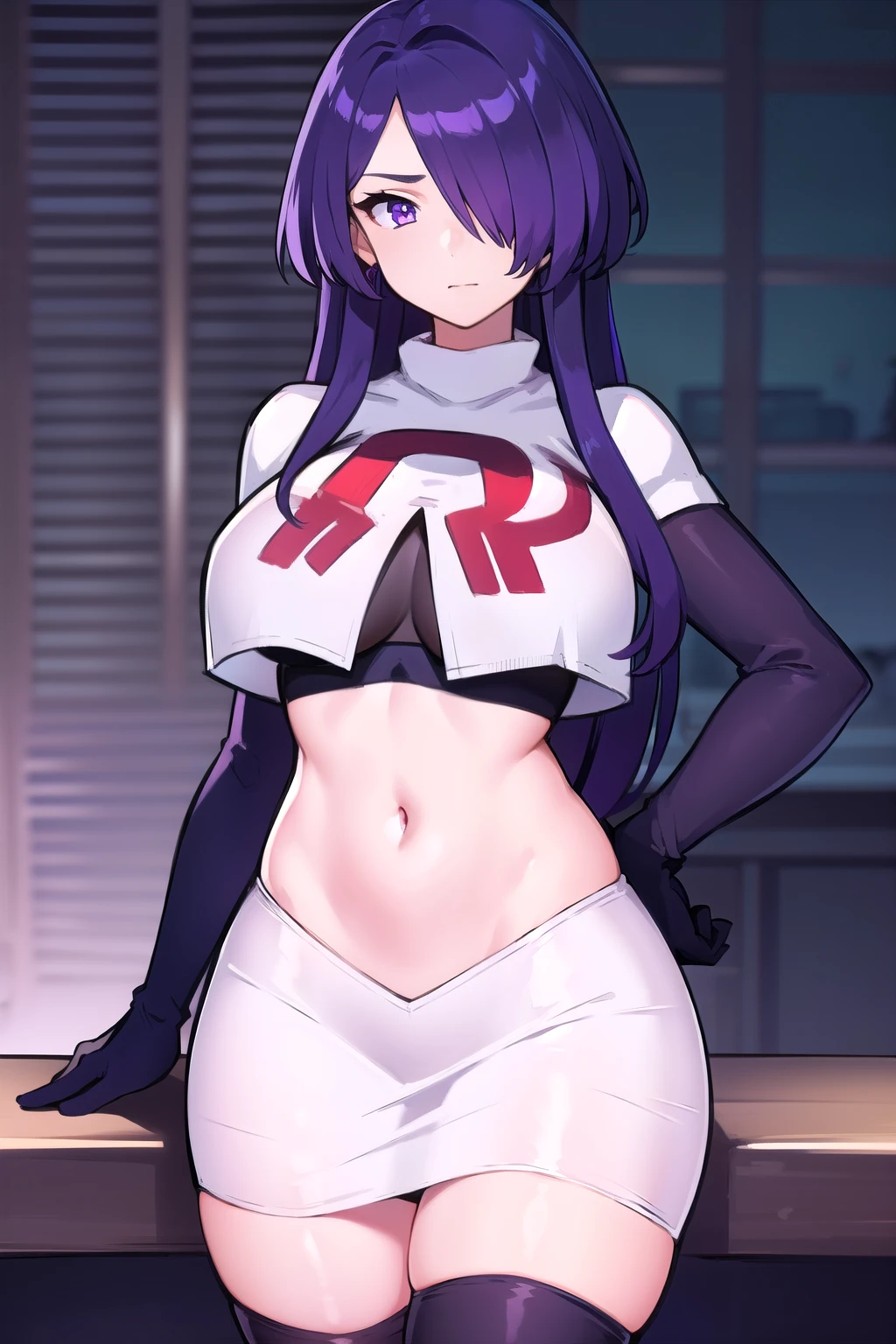 masterpiece, best quality, 1girl,,hair over one eye, purple eyes, purple hair,big breasts,seductive, team rocket,team rocket uniform,white skirt,red letter R,crop top,black thigh-highs,black elbow gloves, cowboy shot,