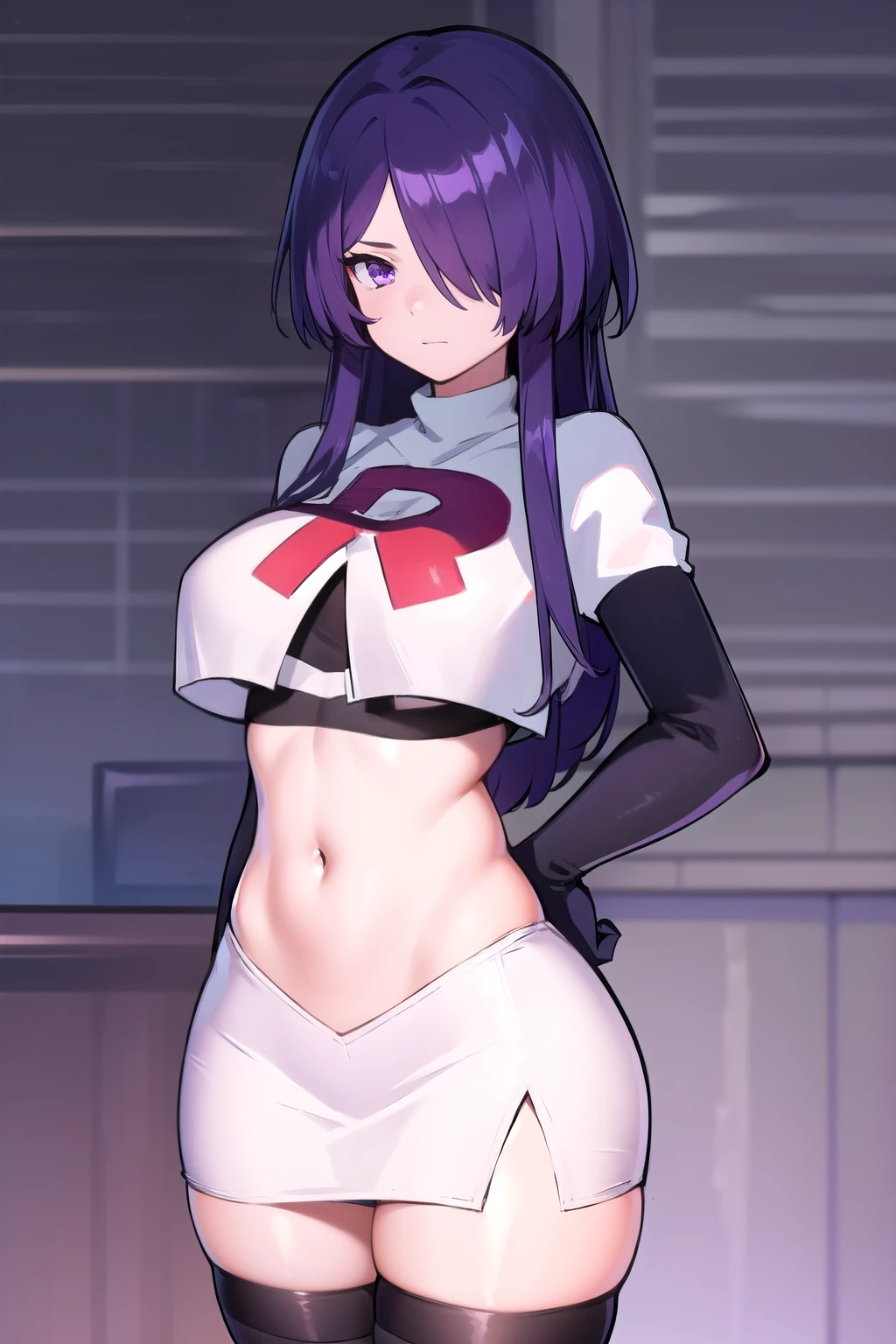 masterpiece, best quality, 1girl,,hair over one eye, purple eyes, purple hair,big breasts,seductive, team rocket,team rocket uniform,white skirt,red letter R,crop top,black thigh-highs,black elbow gloves, cowboy shot,