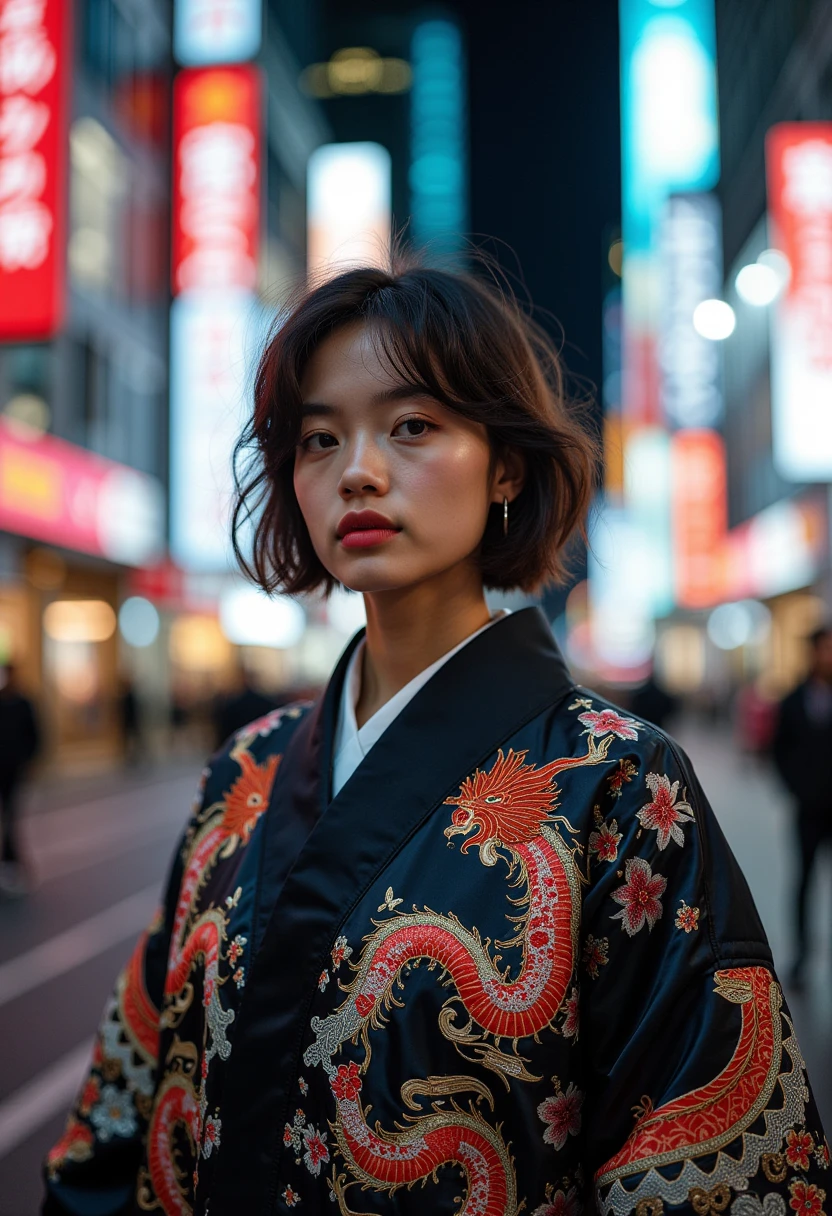 sukajan, Photo of a woman wearing jacket, modern city background 