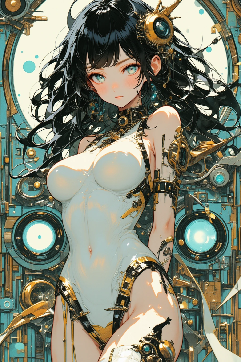 Highest quality,masterpiece,Ultra-high resolution,mechanical，Cruel Machine Girl、Karakuri doll、Mixing tube、Steampunk Style、Latex suit,nsfw,BDSM