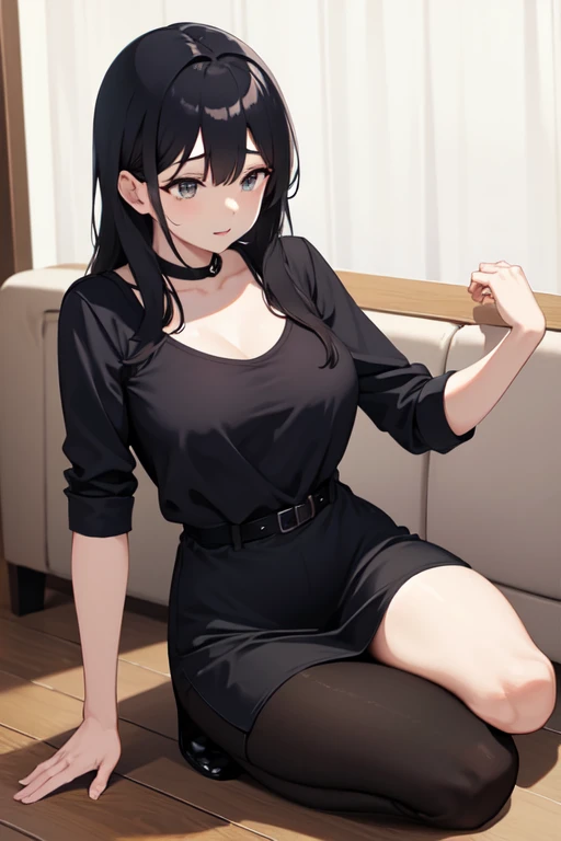 mature woman,Yor briar,(long sidelocks ,short hair, short hair with long locks:1.2), bangs,black dress,red eyes,gold earrings, sleeveless dress, collarbone, black hair  ,black thighhighs, [thick thighs] , yor holding a big needle with her perfect hands, blank stare , expressionless , eyes half-closed , (( cute round face , long eyelashes,eyeliner))