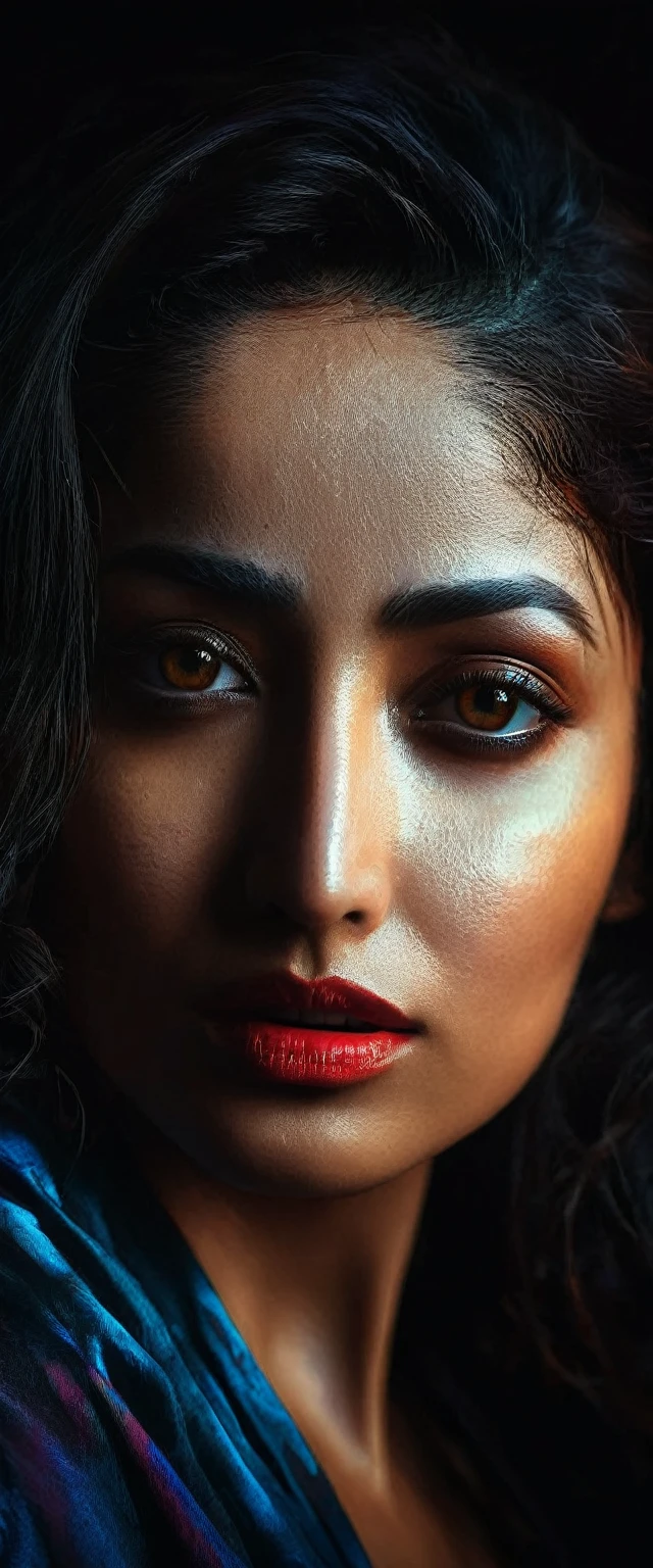 A woman,looking at viewer, sensual pose, dramatic lighting, chiaroscuro, cinematic, dark, haunting, dramatic, moody, high contrast, vivid colors, glowing skin, oil painting, digital art, hyper realistic, photorealistic, best quality, 8k, masterpiece, ultra-detailed, aadi, n1p, ketika , yamig, yami